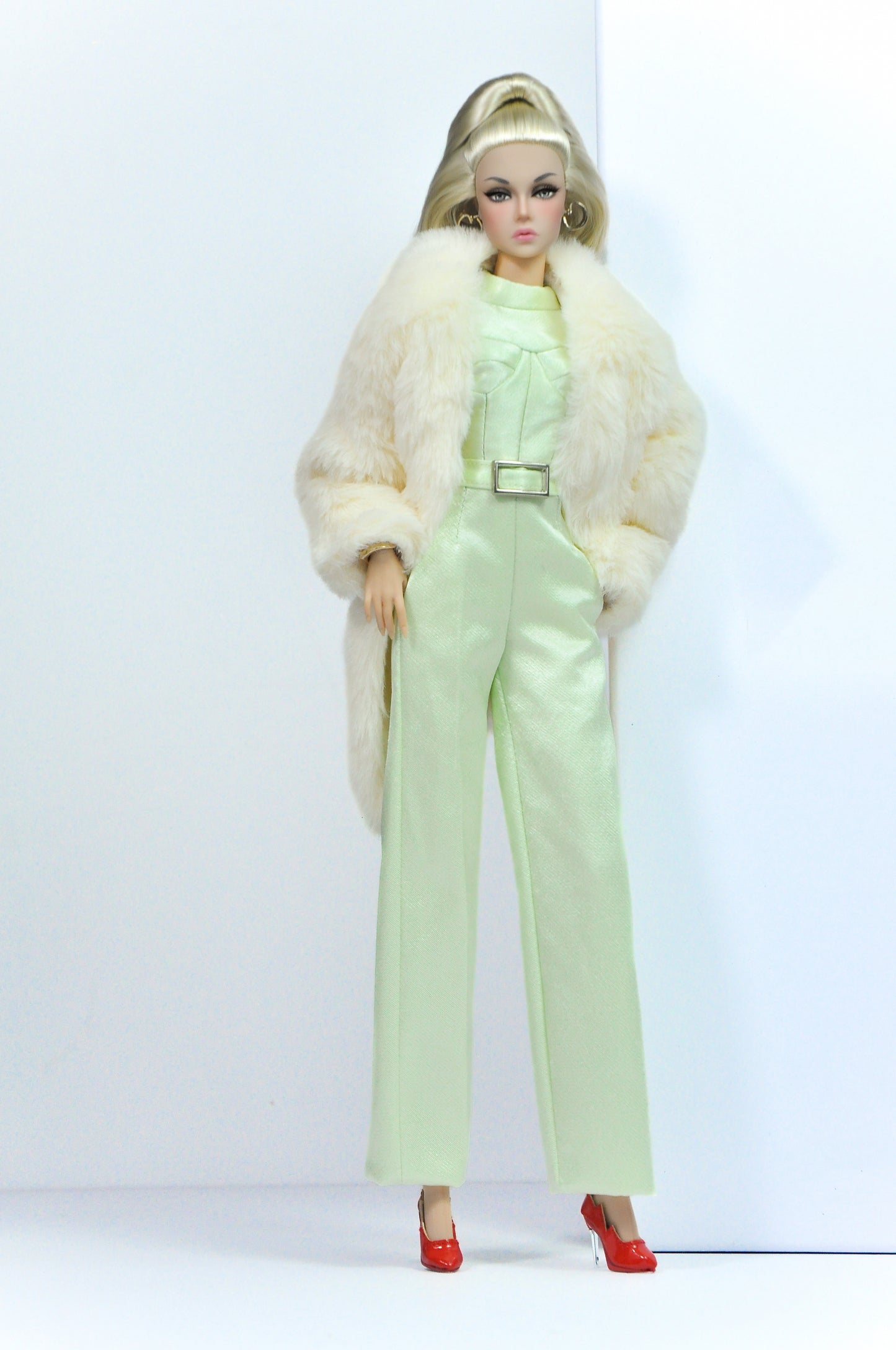 OOAK | Mint Luxe | Mint Jumpsuit with Faux Fur Coat – Fashion Royalty Doll Clothes
