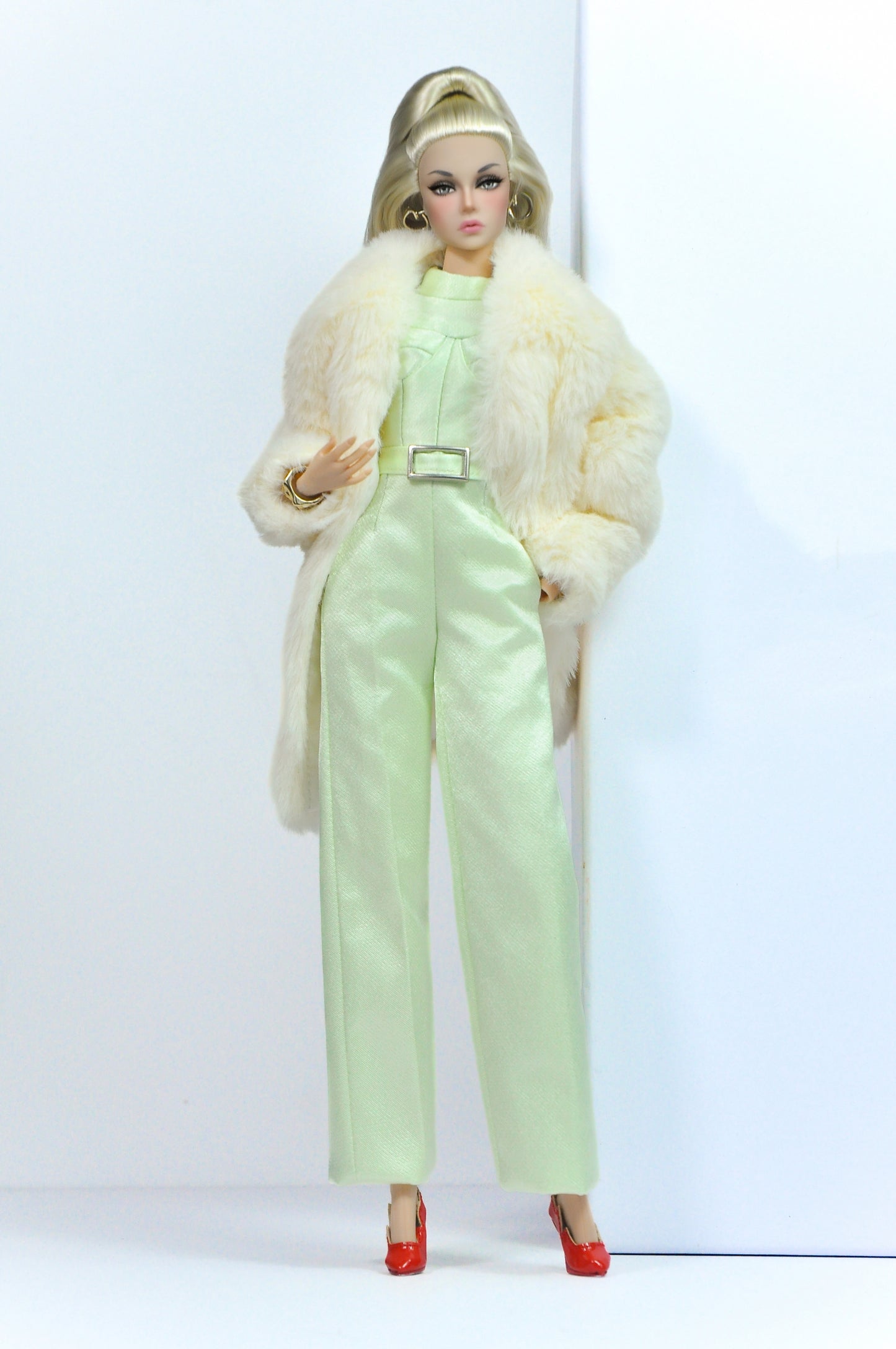 OOAK | Mint Luxe | Mint Jumpsuit with Faux Fur Coat – Fashion Royalty Doll Clothes