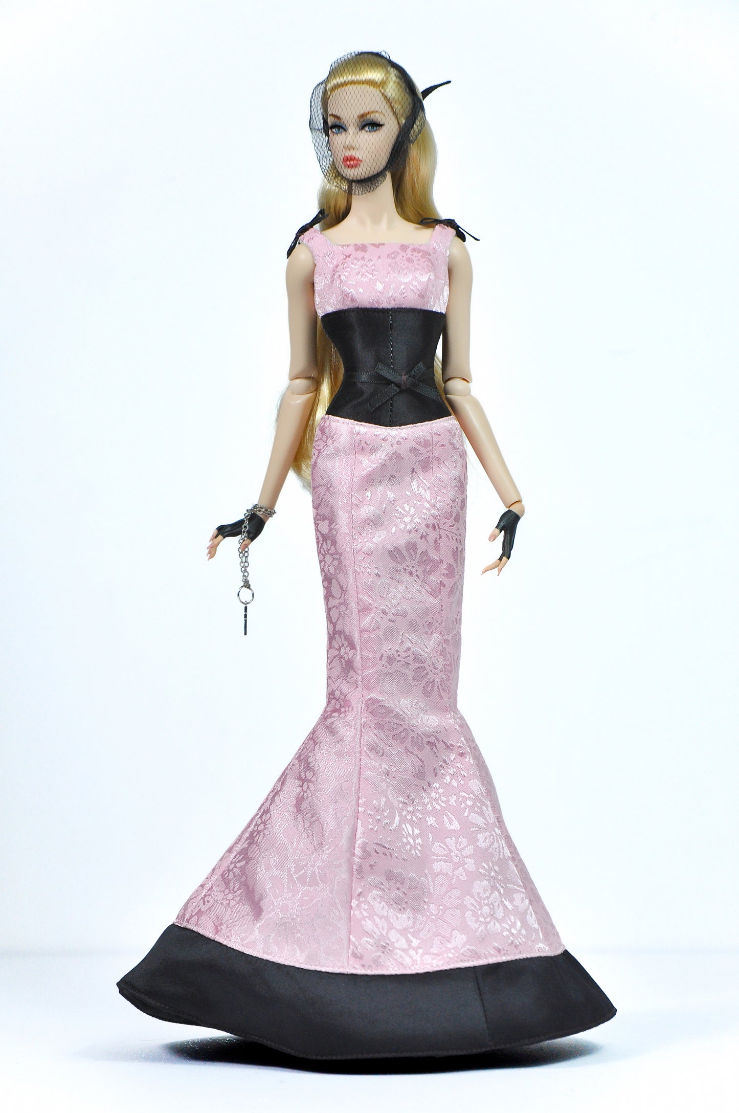 OOAK | Midnight Bloom - Fashion Royalty Pink Jacquard Mermaid Doll Gown with Black Corset