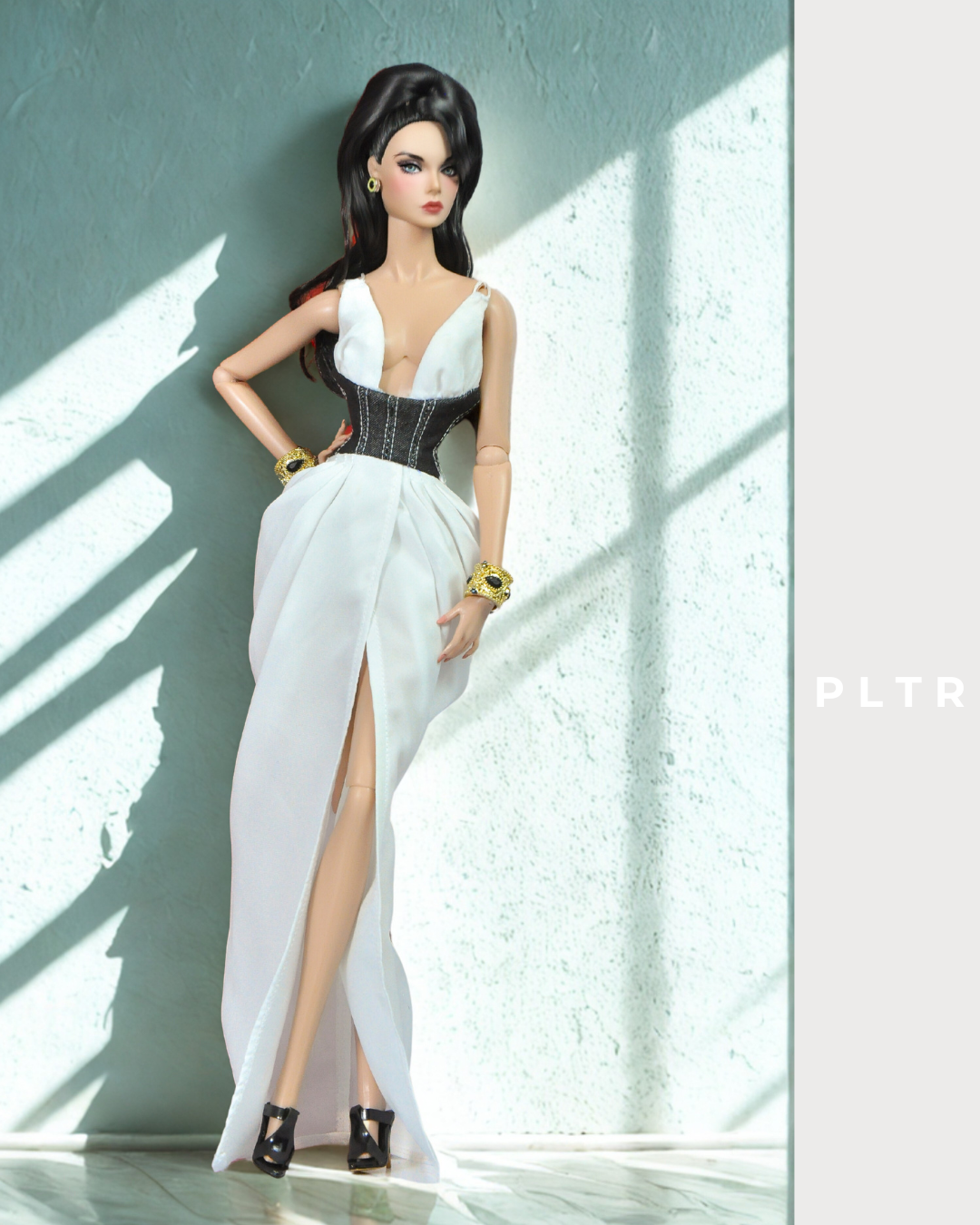 OOAK | "Empathy Goddess" White silk ruched dress with denim contrast bodice for Fashion Royalty & NU FACE doll