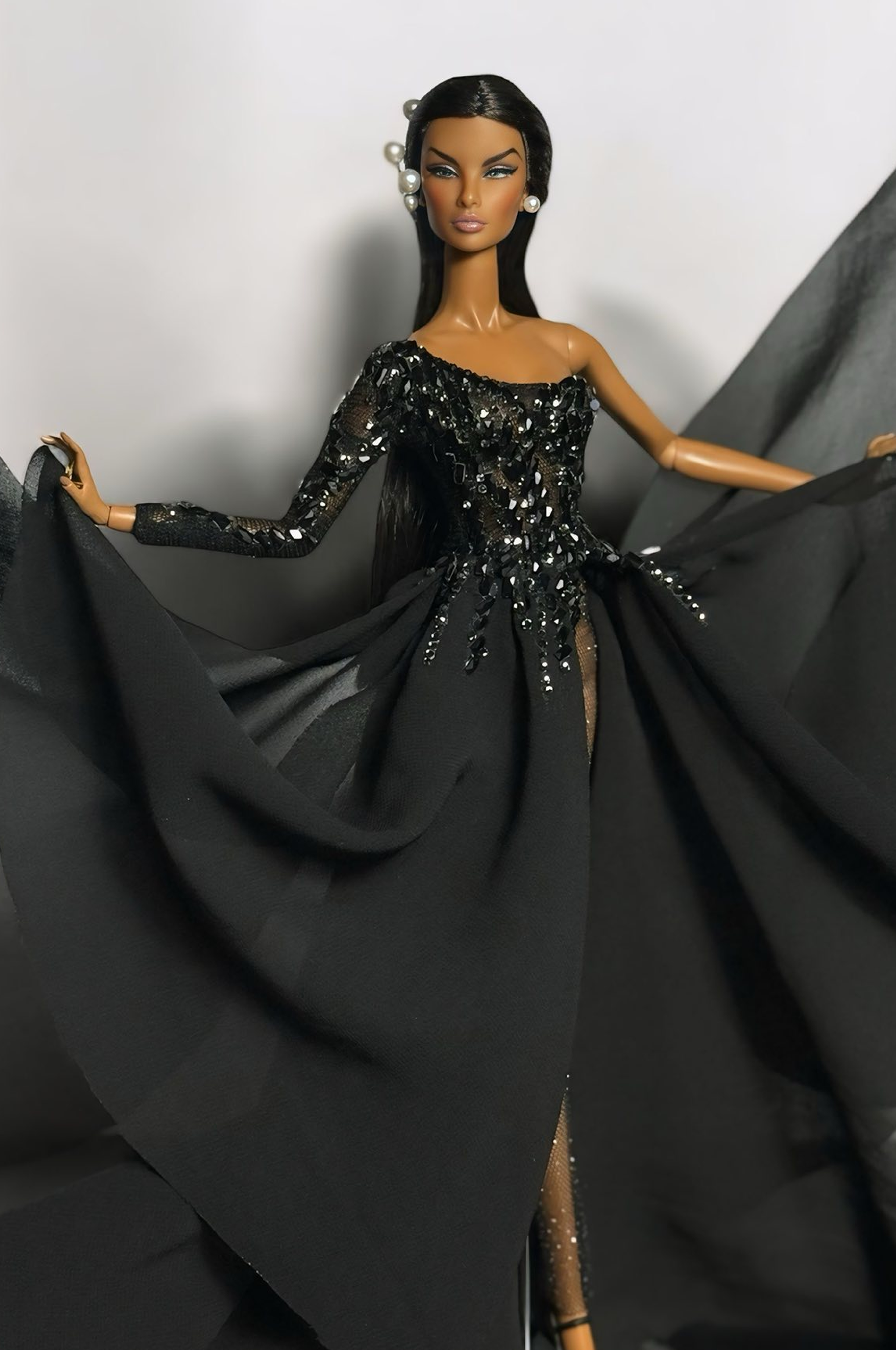 BASIC | Shimmerin’ Black Sequin Gown for Fashion Royalty 6.0 Doll – Off-Shoulder Couture Dress with Dramatic Overskirt