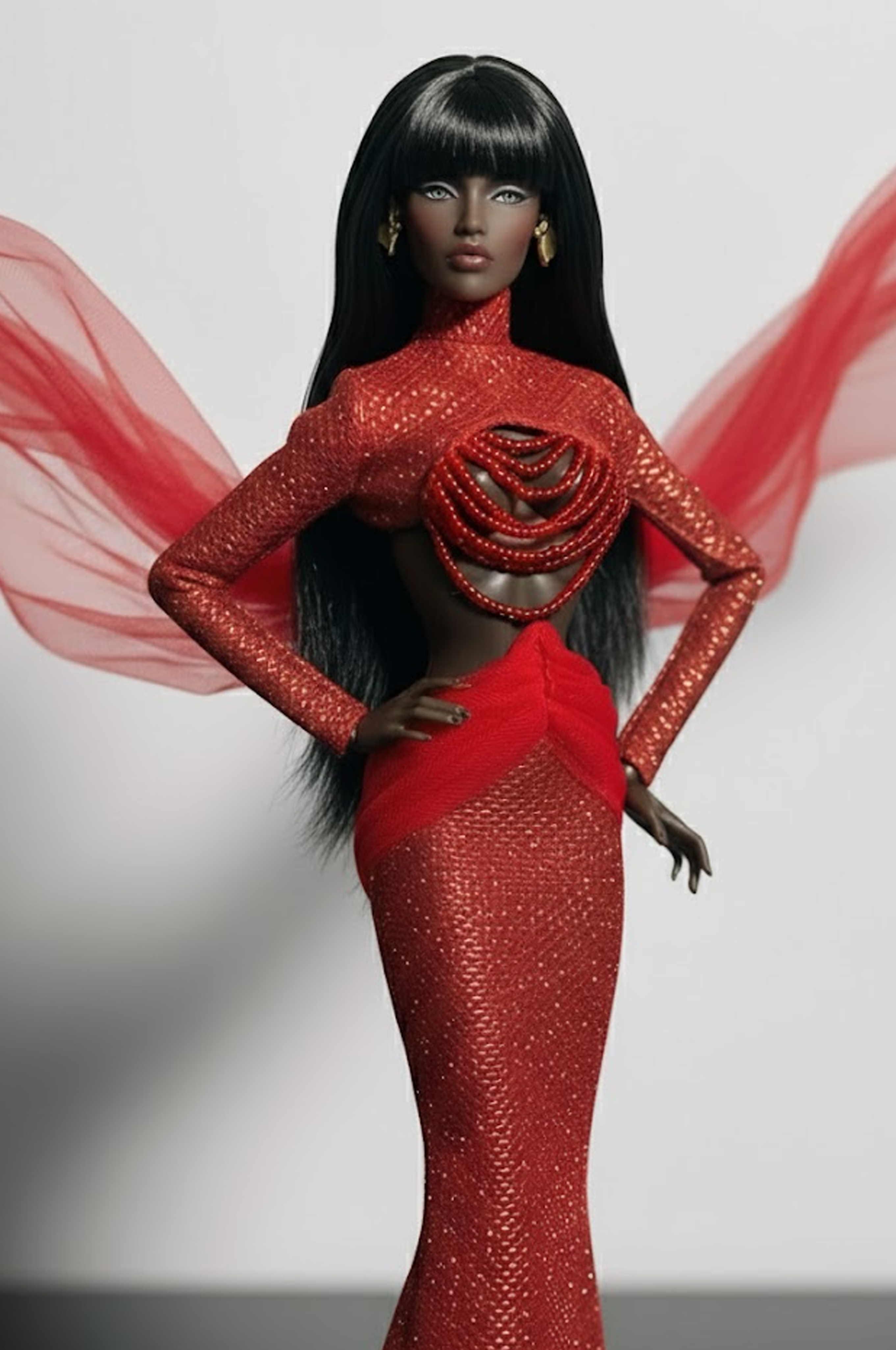 HAUTE | Crimson Halo Sequin Gown with Sculpted Tulle Wings for Fashion Royalty 12” Dolls