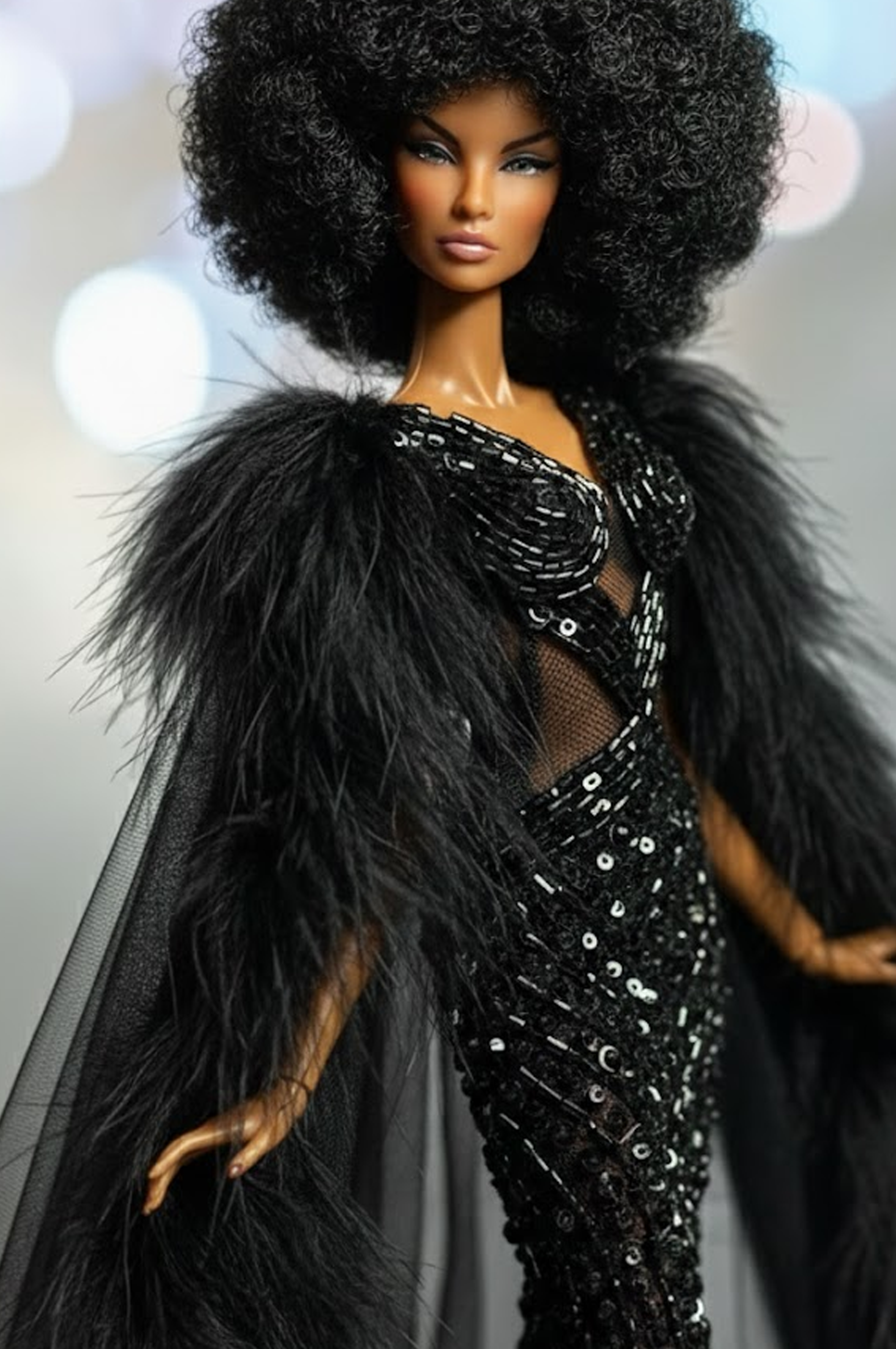 HAUTE | Black Sequin Mermaid Gown with Dramatic Tulle Cape & Faux Fur Trim – Fashion Royalty 6.0 Doll Clothes