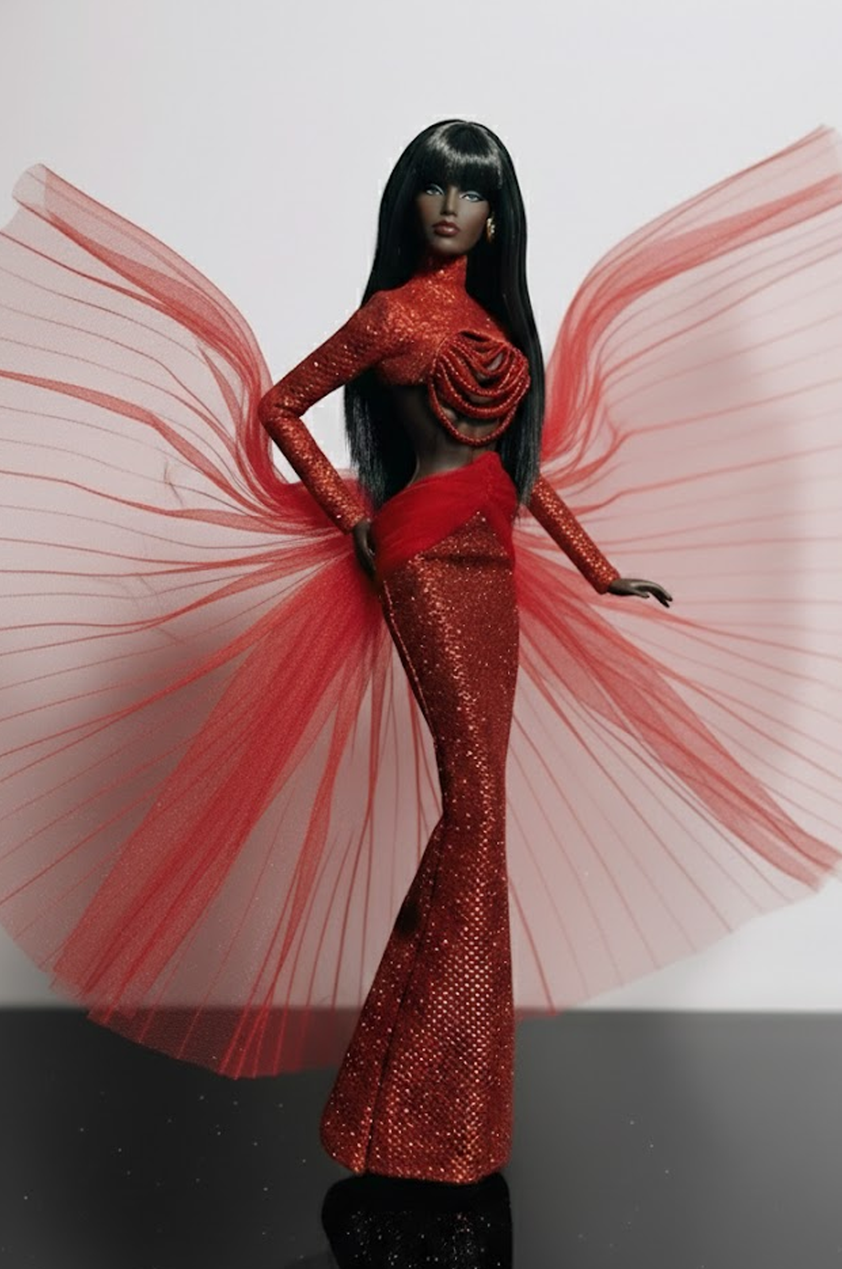 HAUTE | Crimson Halo Sequin Gown with Sculpted Tulle Wings for Fashion Royalty 12” Dolls