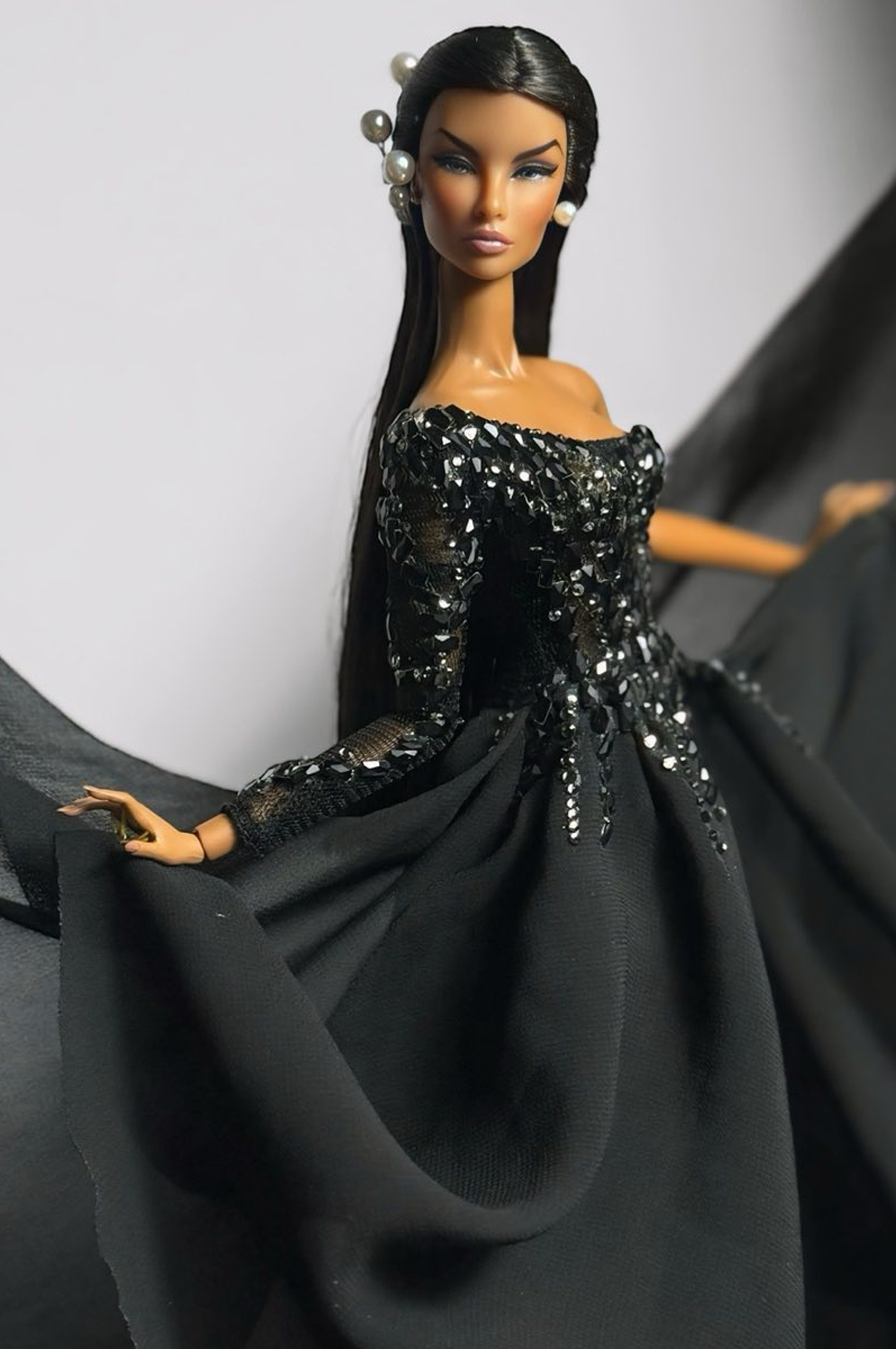 BASIC | Shimmerin’ Black Sequin Gown for Fashion Royalty 6.0 Doll – Off-Shoulder Couture Dress with Dramatic Overskirt