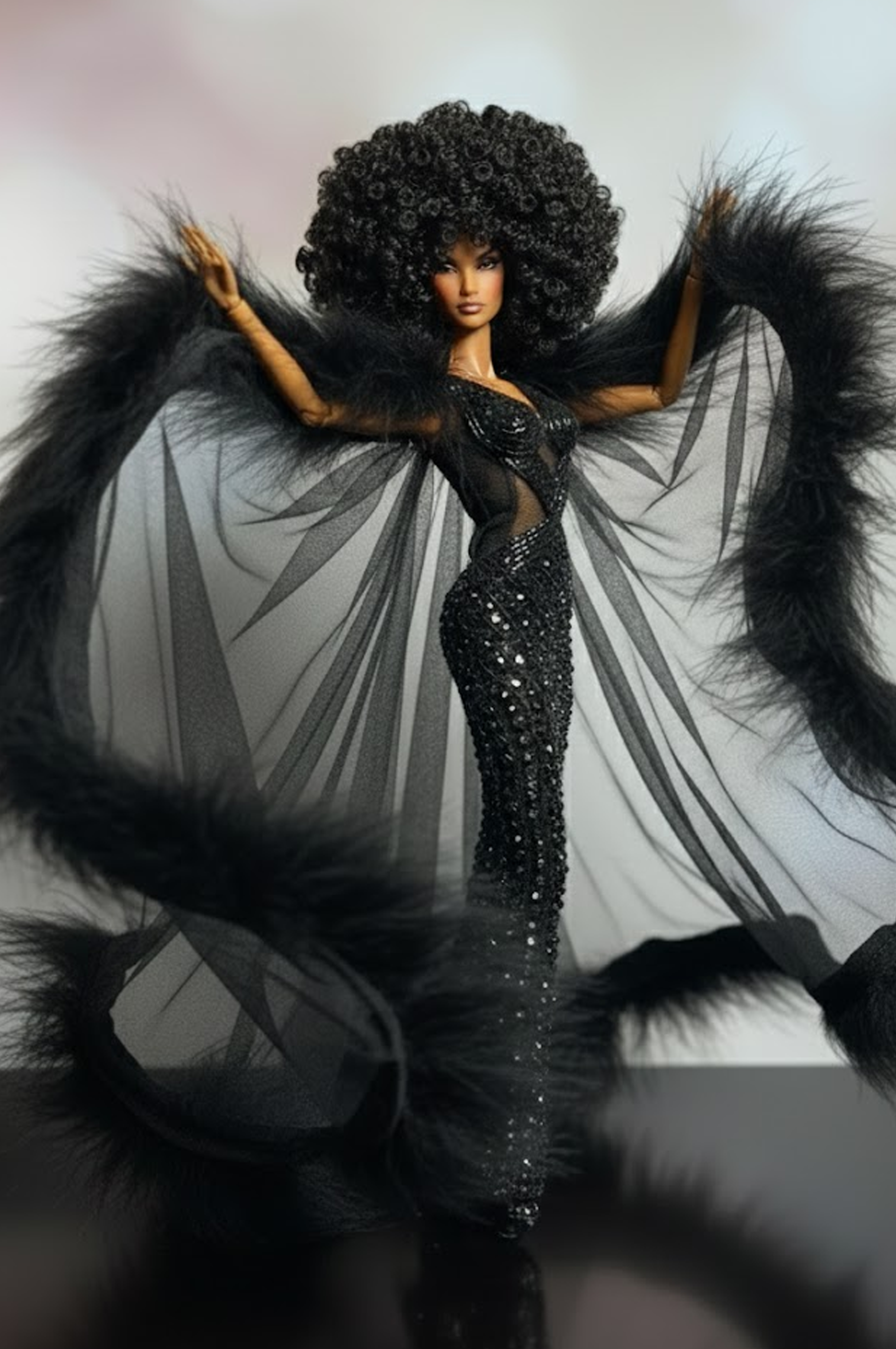 HAUTE | Black Sequin Mermaid Gown with Dramatic Tulle Cape & Faux Fur Trim – Fashion Royalty 6.0 Doll Clothes