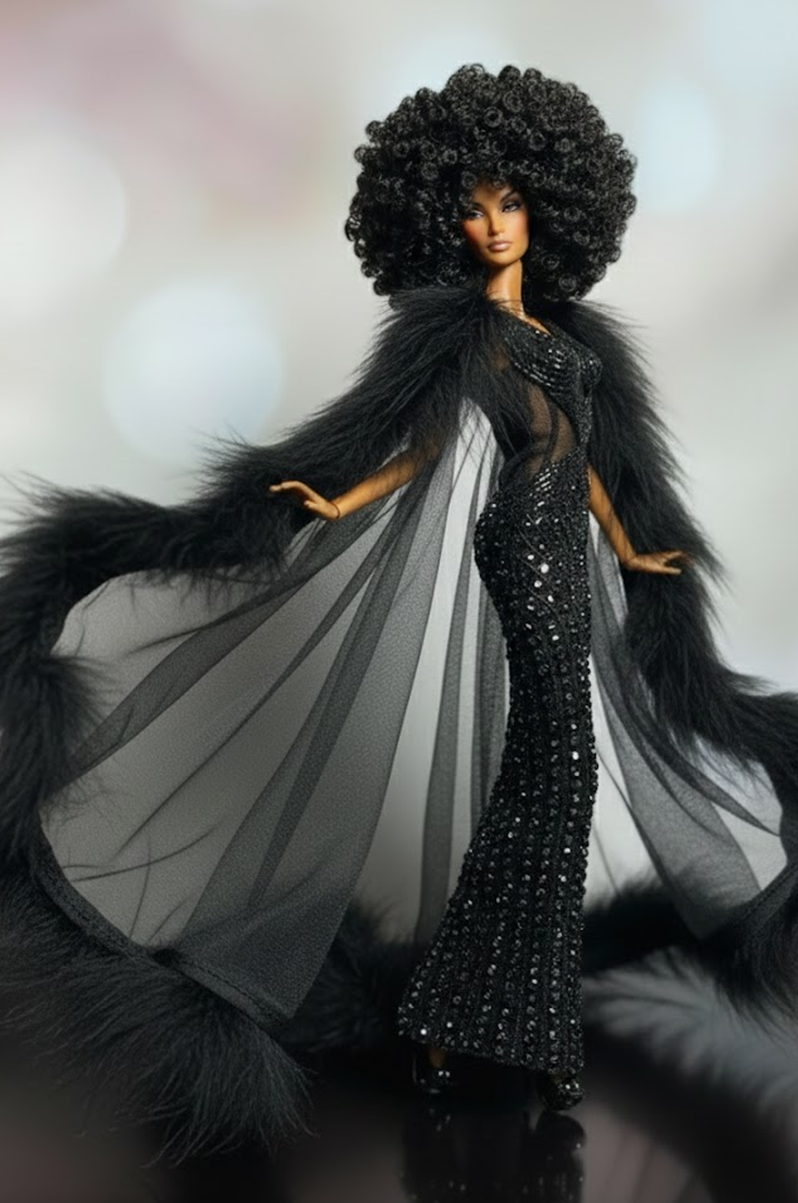 HAUTE | Black Sequin Mermaid Gown with Dramatic Tulle Cape & Faux Fur Trim – Fashion Royalty 6.0 Doll Clothes