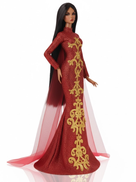 ORDINARY GIRL | Imperial Phoenix Áo Dài Gown — Couture Red & Gold Embroidered Dress with Sheer Cape for Fashion Royalty 6.0 Dolls