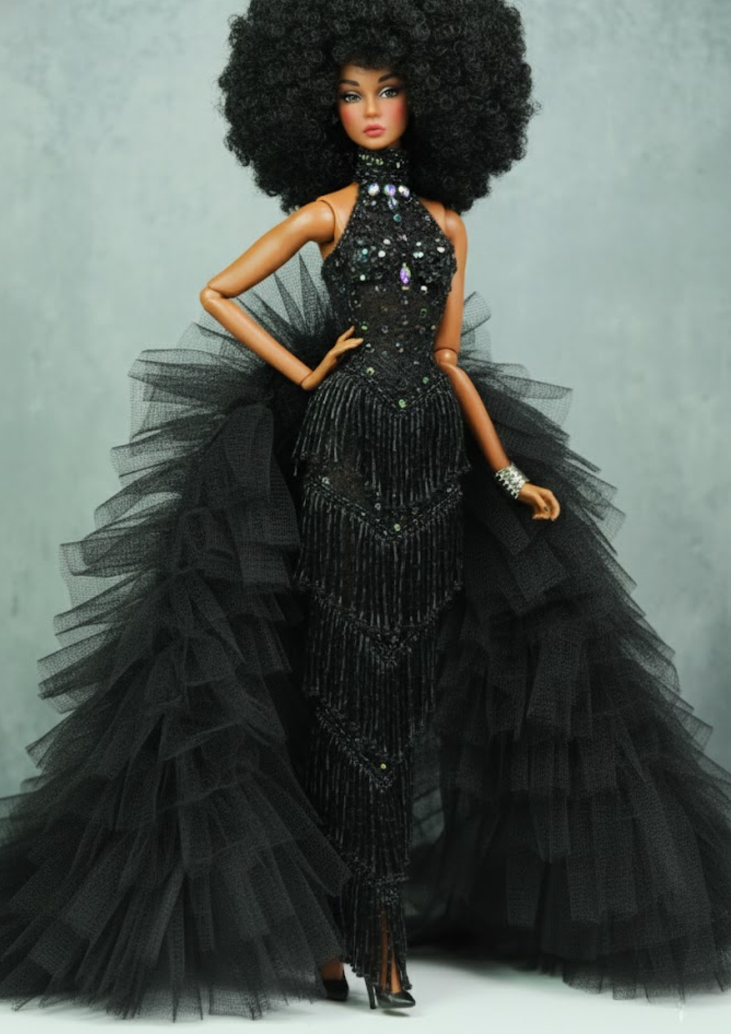 OOAK | Midnight Tulle Diva Gown – Black Couture Dress for Fashion Royalty FR 6.0 Doll