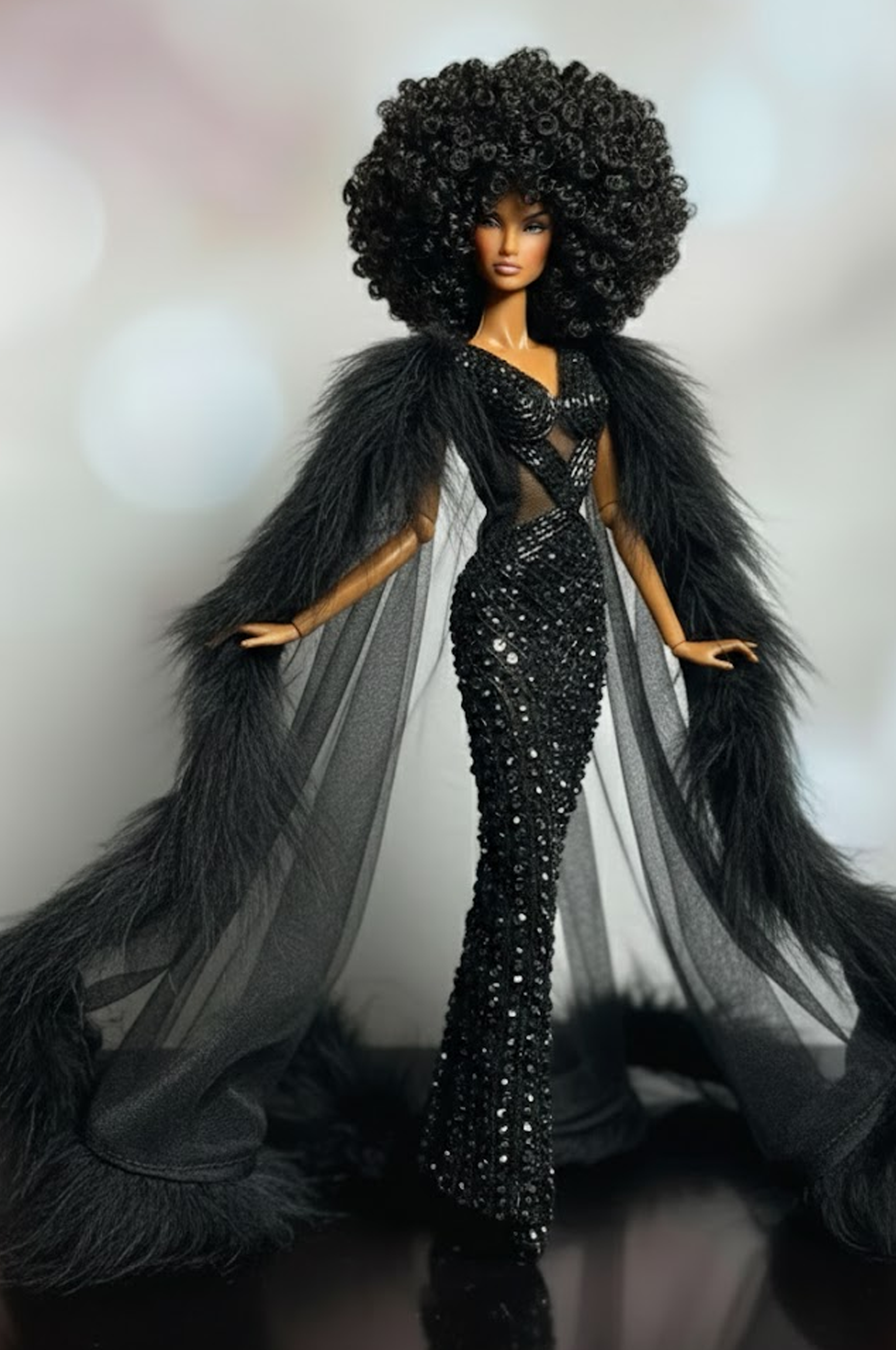 HAUTE | Black Sequin Mermaid Gown with Dramatic Tulle Cape & Faux Fur Trim – Fashion Royalty 6.0 Doll Clothes