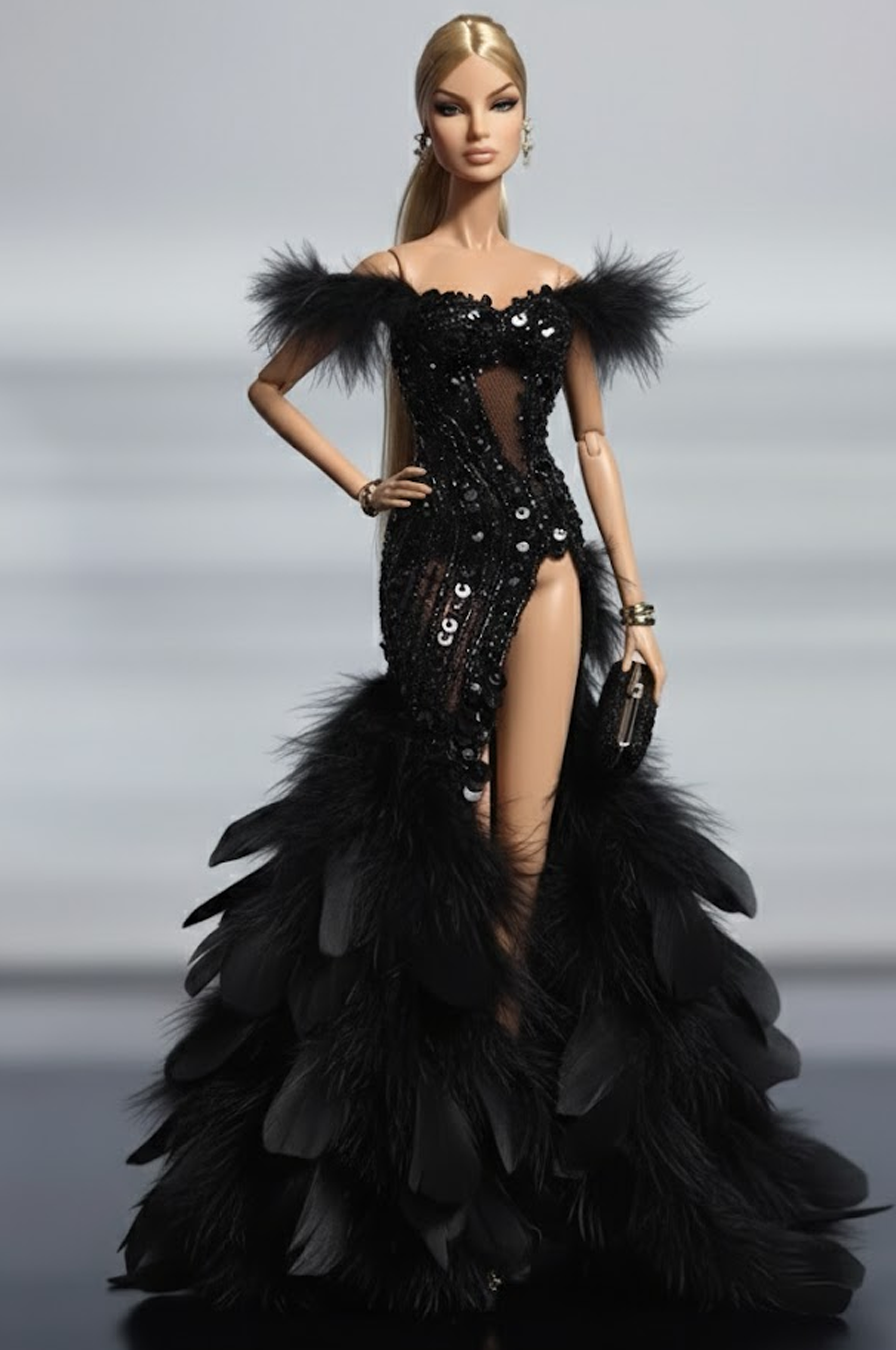 HAUTE | Midnight Plume – Couture Black Feather Gown for Fashion Royalty & NU FACE Doll clothes