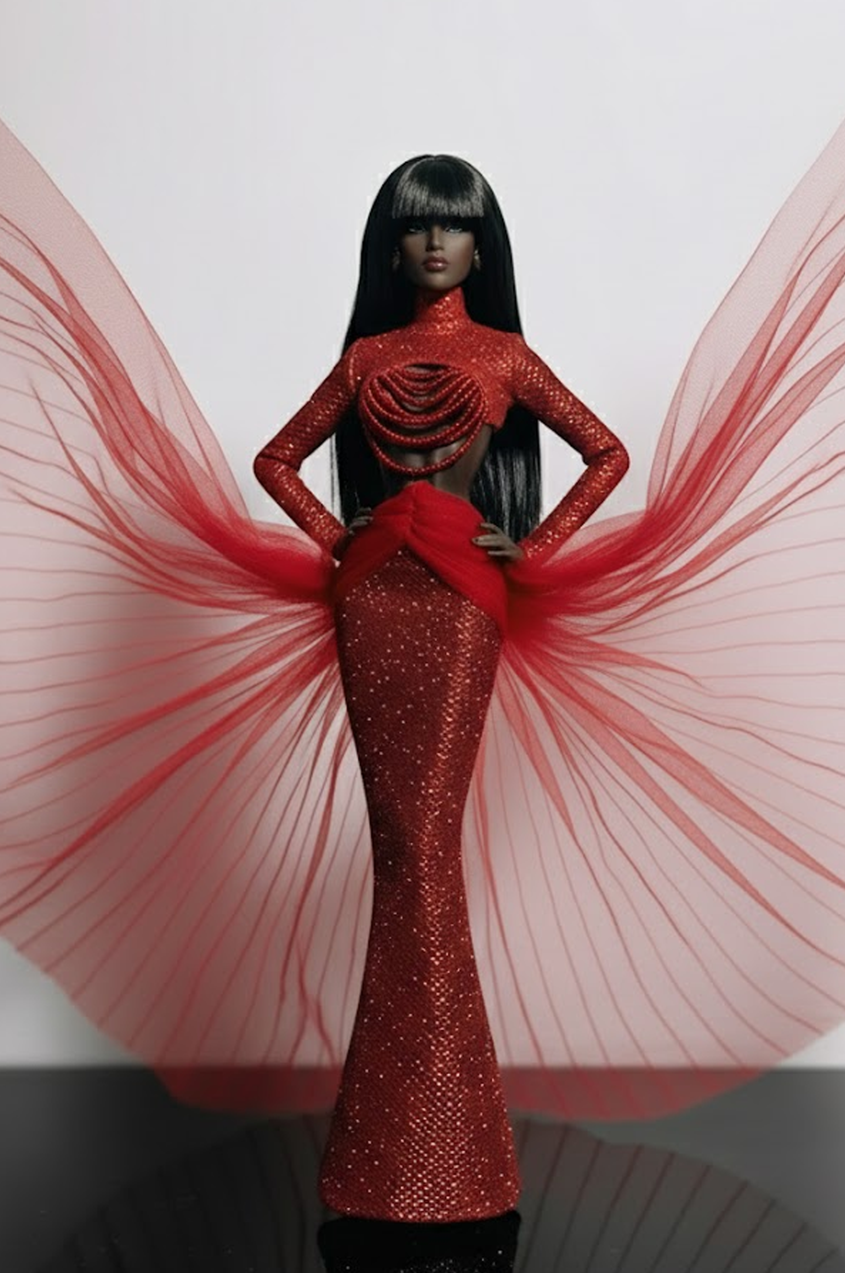 HAUTE | Crimson Halo Sequin Gown with Sculpted Tulle Wings for Fashion Royalty 12” Dolls