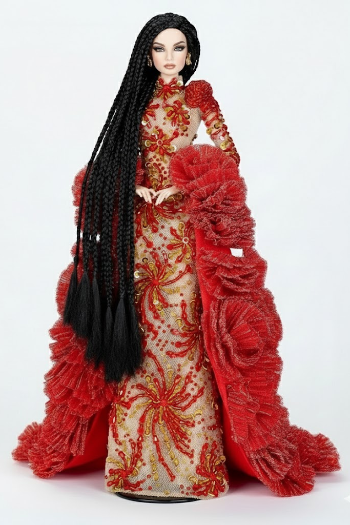 OOAK |“Crimson Fireworks” Gown & Opera Coat — Fashion Royalty 12” Doll Clothes