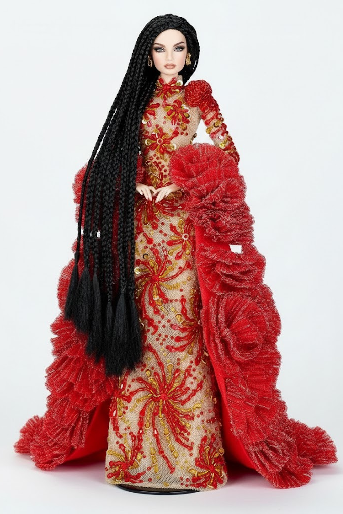 OOAK |“Crimson Fireworks” Gown & Opera Coat —  1/6 Fashion doll clothes