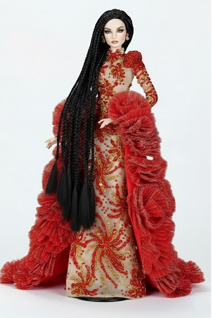 OOAK |“Crimson Fireworks” Gown & Opera Coat —  1/6 Fashion doll clothes