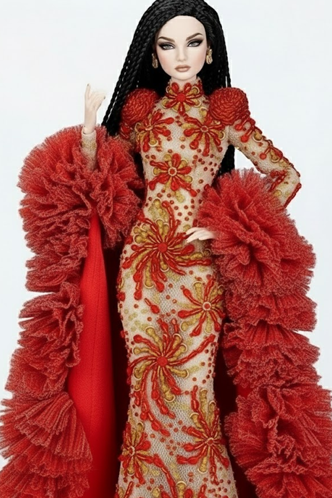 OOAK |“Crimson Fireworks” Gown & Opera Coat —  1/6 Fashion doll clothes