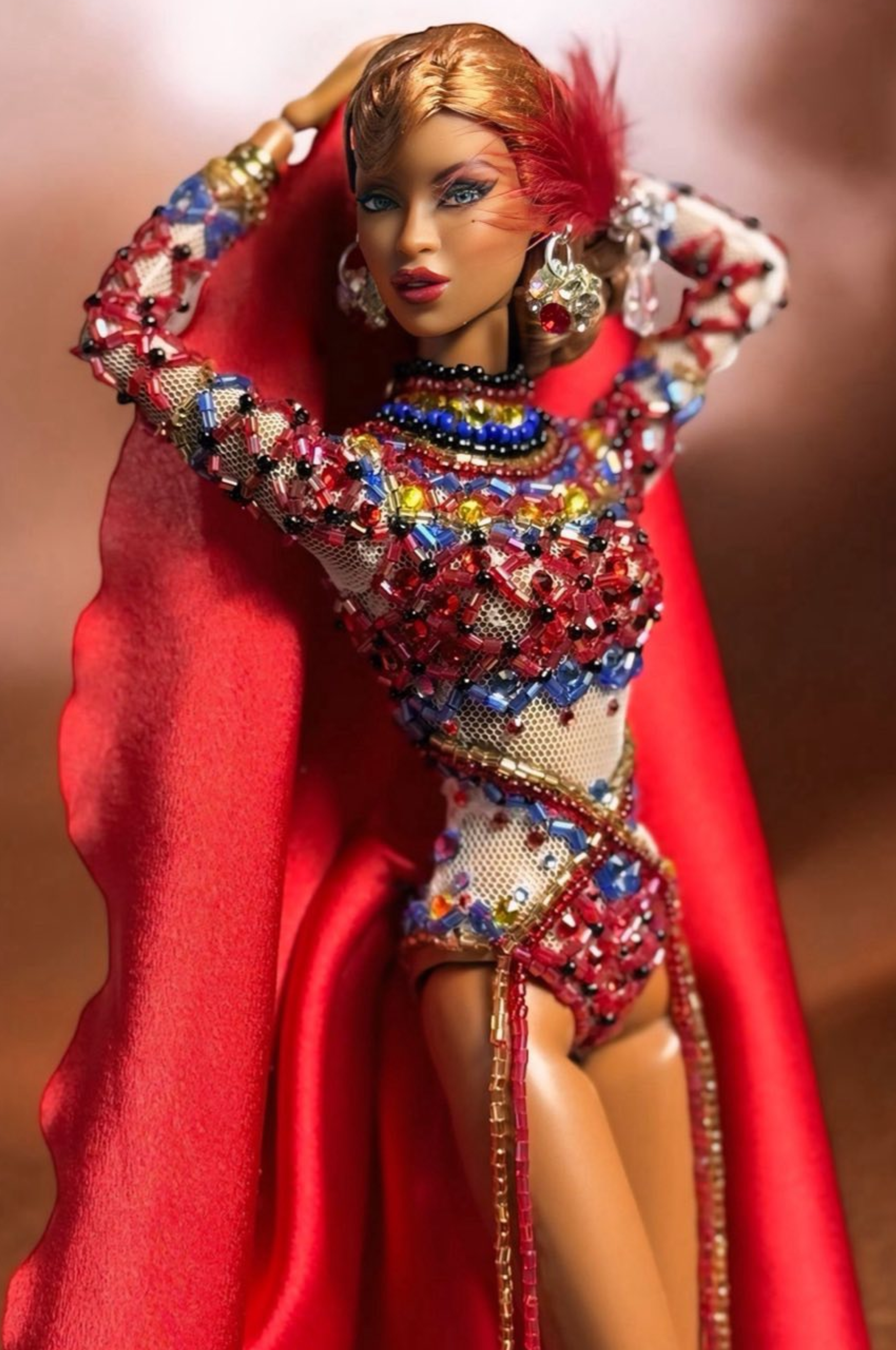 HAUTE | Crimson Spectacle – Couture Bodysuit & Dramatic Cape for 1/6 Scale Fashion Royalty  & Nu FACEDolls