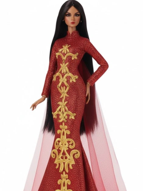 ORDINARY GIRL | Imperial Phoenix Áo Dài Gown — Couture Red & Gold Embroidered Dress with Sheer Cape for Fashion Royalty 6.0 Dolls