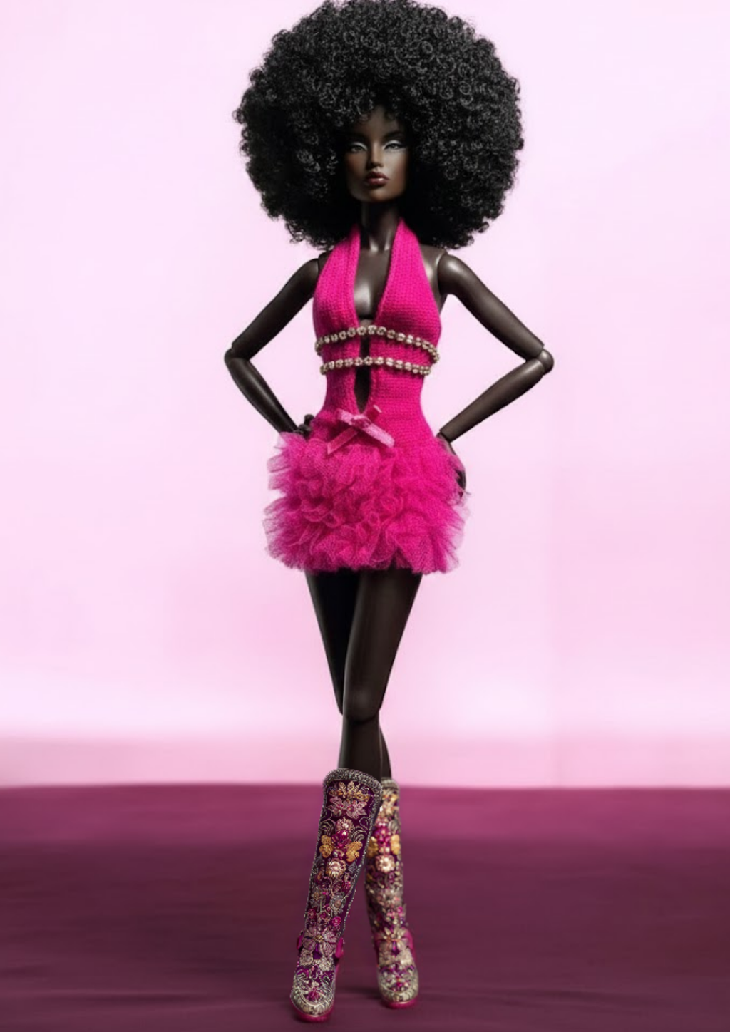 BASIC | Haute Desired Halter Tulle Mini Dress – Fashion Royalty 12” Doll Clothes (Black / Pink)