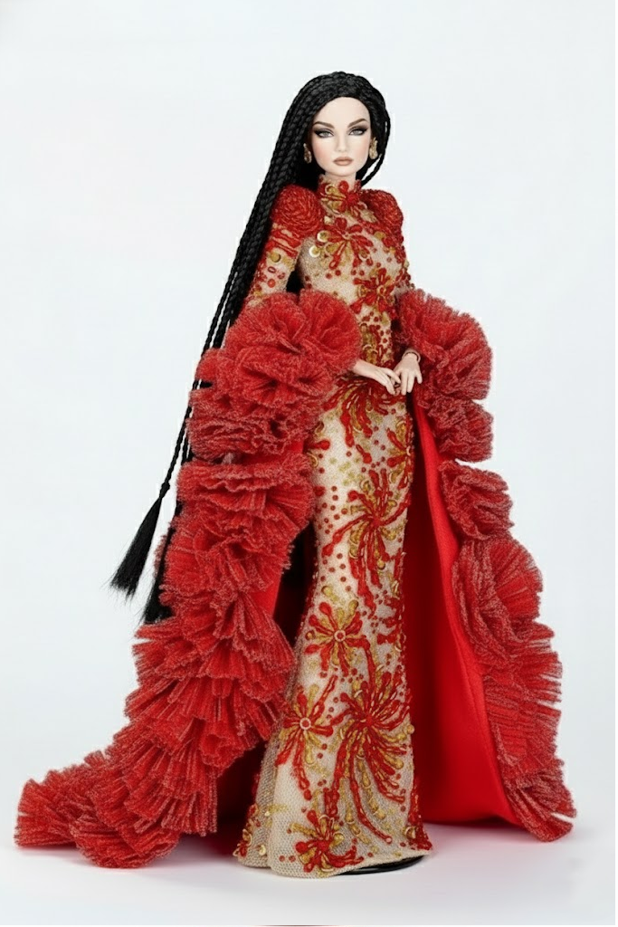 OOAK |“Crimson Fireworks” Gown & Opera Coat —  1/6 Fashion doll clothes