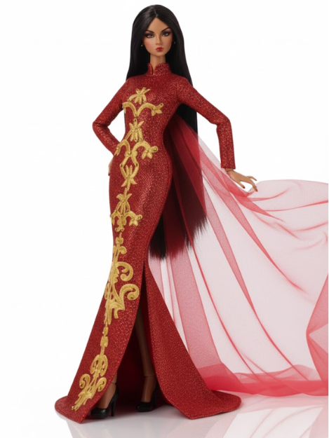 ORDINARY GIRL | Imperial Phoenix Áo Dài Gown — Couture Red & Gold Embroidered Dress with Sheer Cape for Fashion Royalty 6.0 Dolls