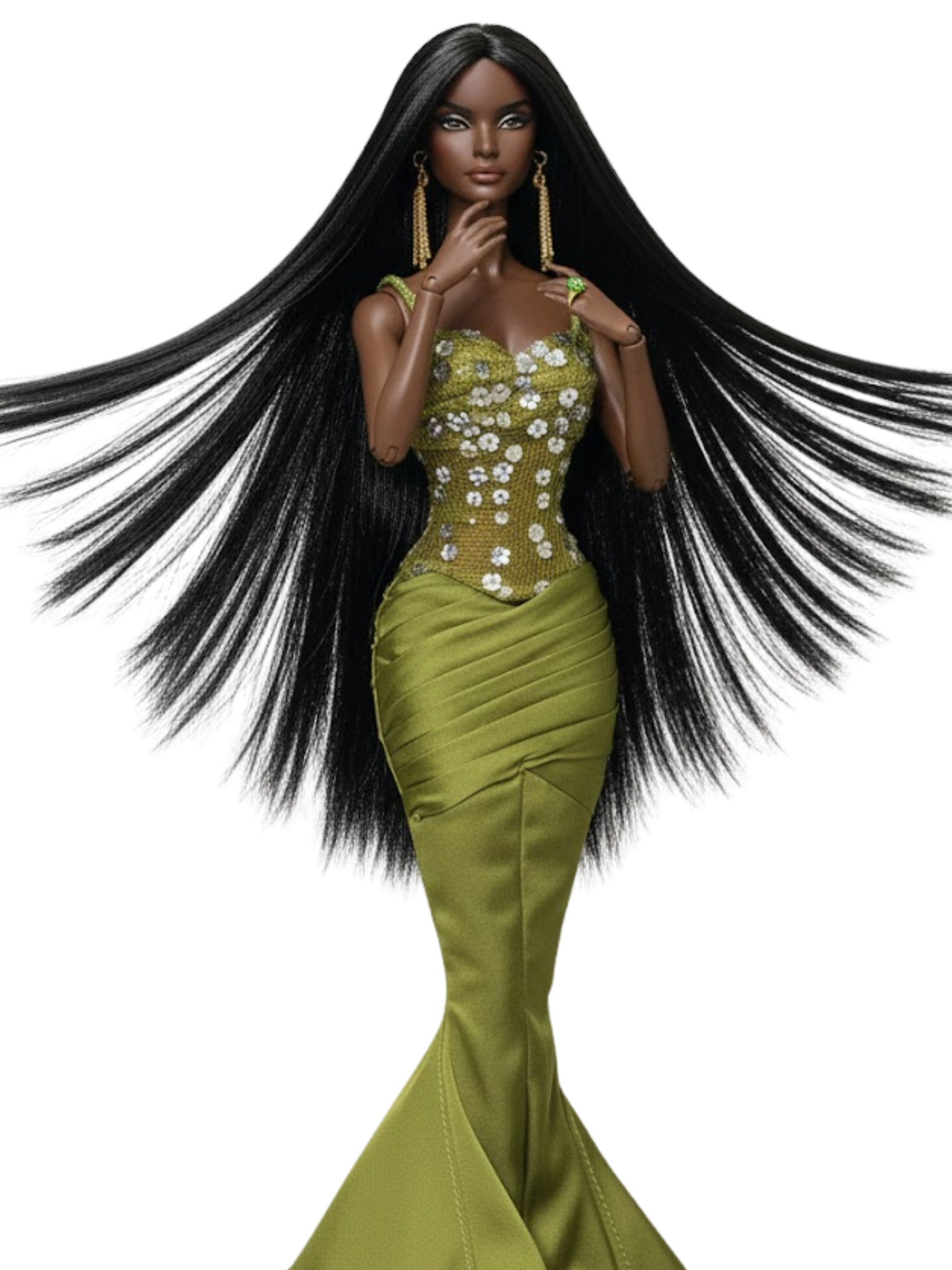OOAK | Fashion Royalty 1/6 Scale Couture Gown – Olive Sequin Mermaid Dress | Plastiktiara Birthday Collection