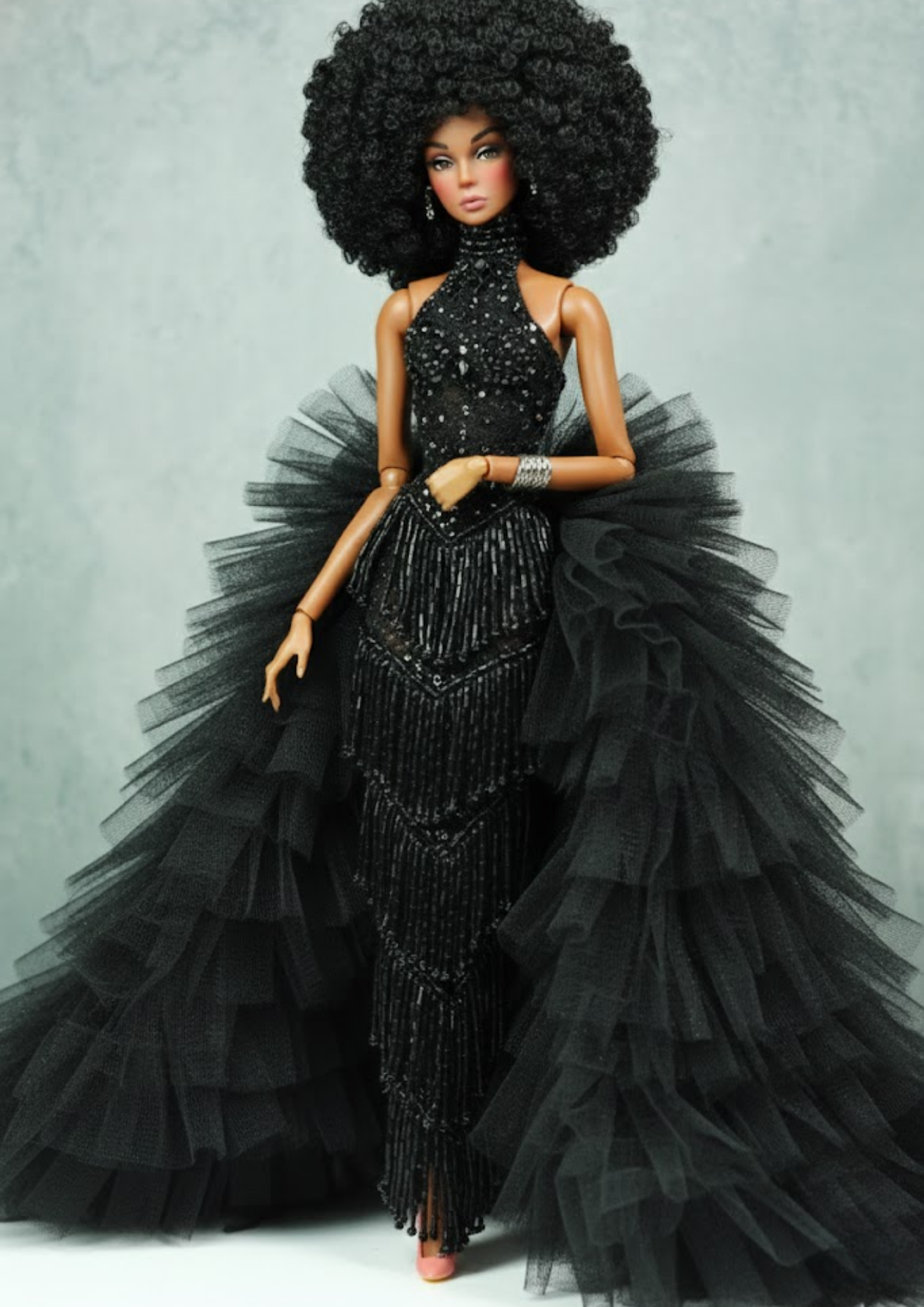 OOAK | Midnight Tulle Diva Gown – Black Couture Dress for Fashion Royalty FR 6.0 Doll