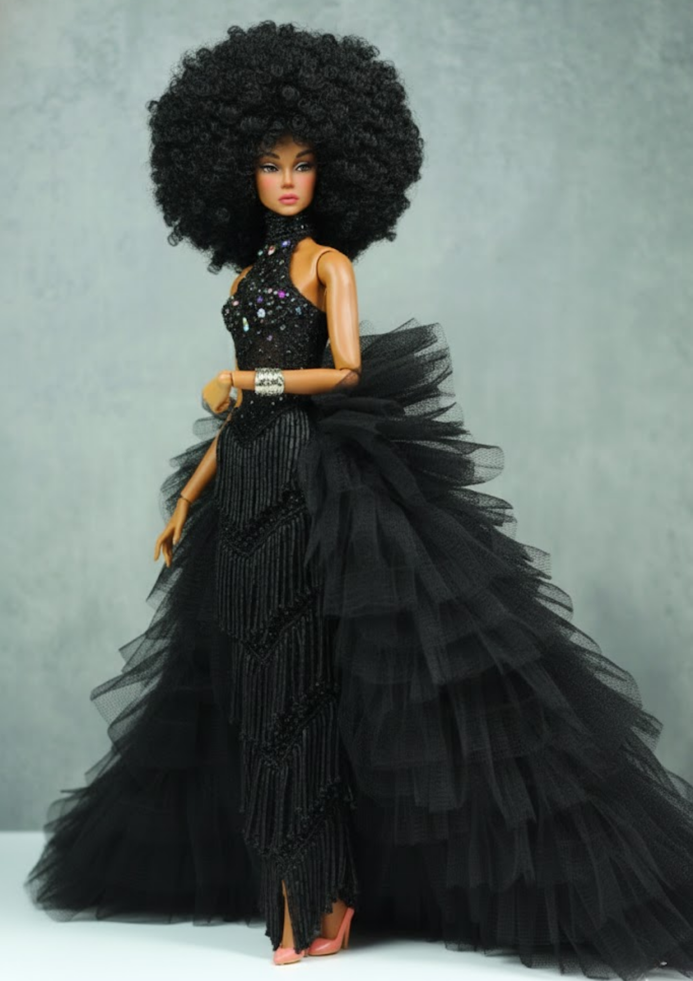 OOAK | Midnight Tulle Diva Gown – Black Couture Dress for Fashion Royalty FR 6.0 Doll