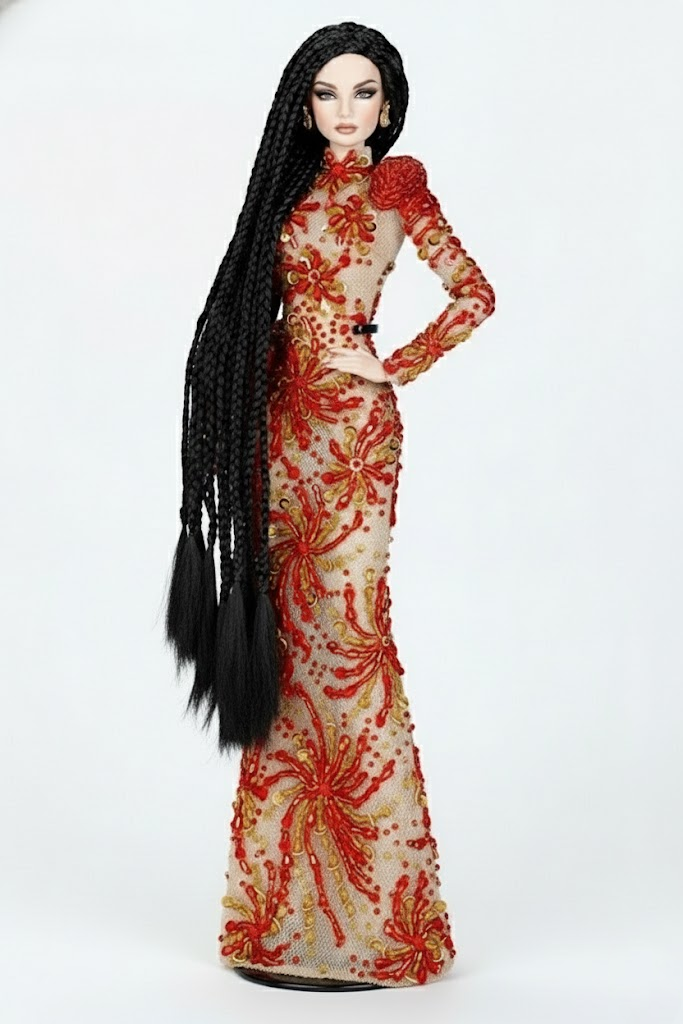 OOAK |“Crimson Fireworks” Gown & Opera Coat —  1/6 Fashion doll clothes