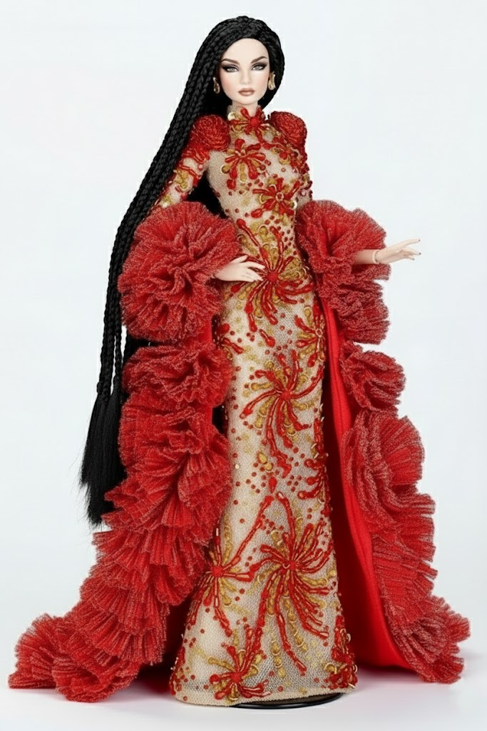 OOAK |“Crimson Fireworks” Gown & Opera Coat —  1/6 Fashion doll clothes