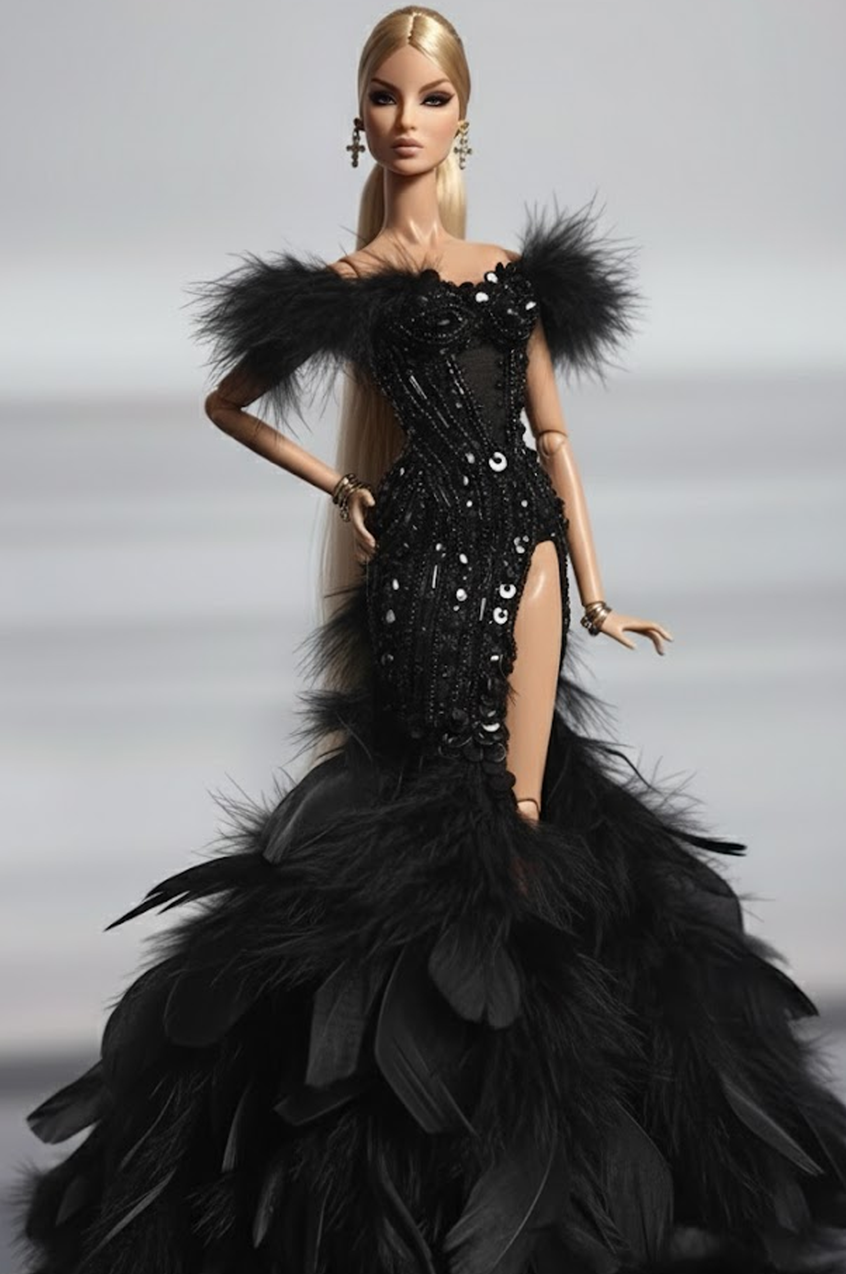 HAUTE | Midnight Plume – Couture Black Feather Gown for Fashion Royalty & NU FACE Doll clothes