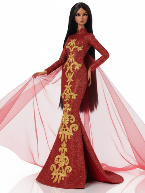 ORDINARY GIRL | Imperial Phoenix Áo Dài Gown — Couture Red & Gold Embroidered Dress with Sheer Cape for Fashion Royalty 6.0 Dolls
