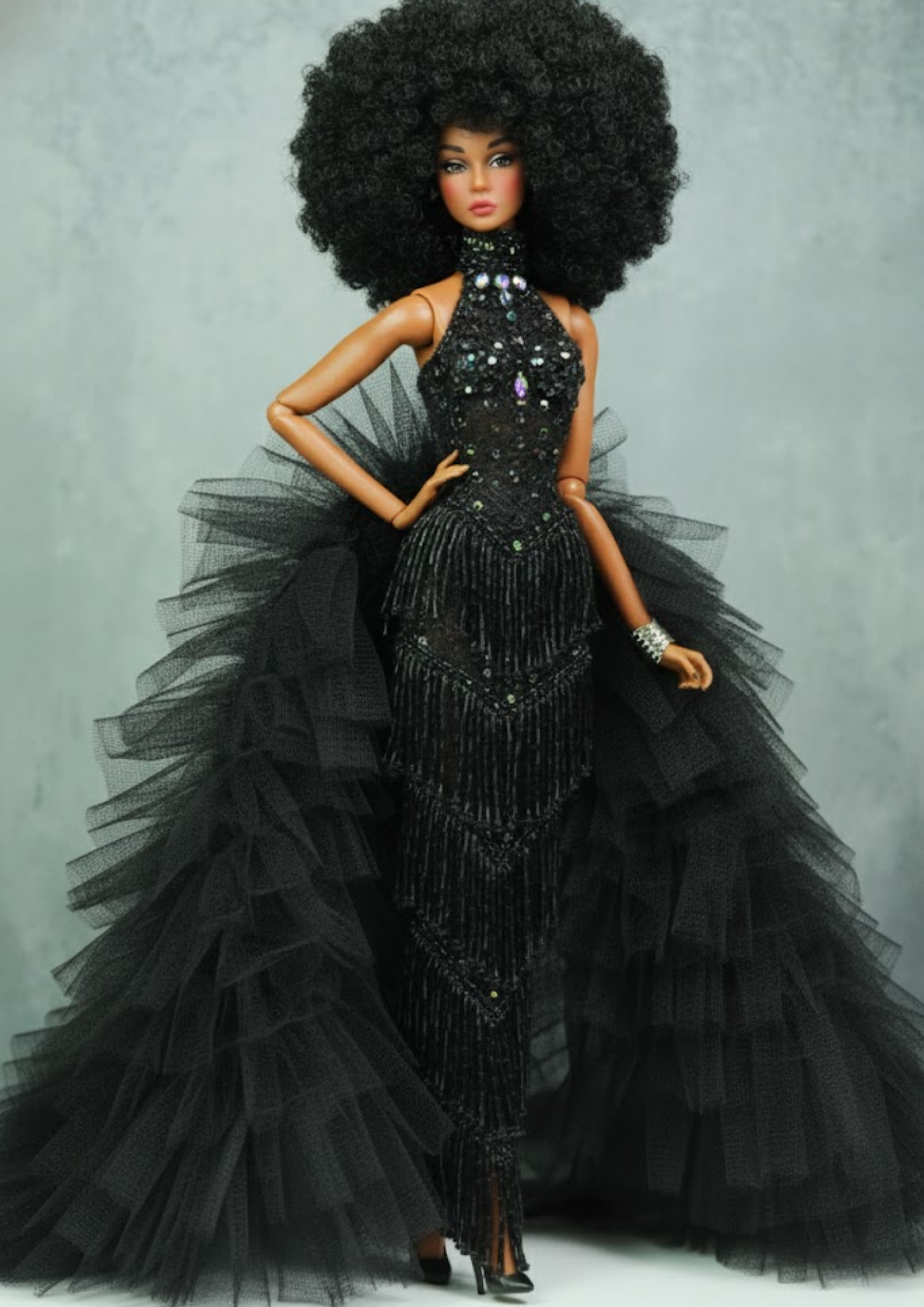 OOAK | Midnight Tulle Diva Gown – Black Couture Dress for Fashion Royalty FR 6.0 Doll