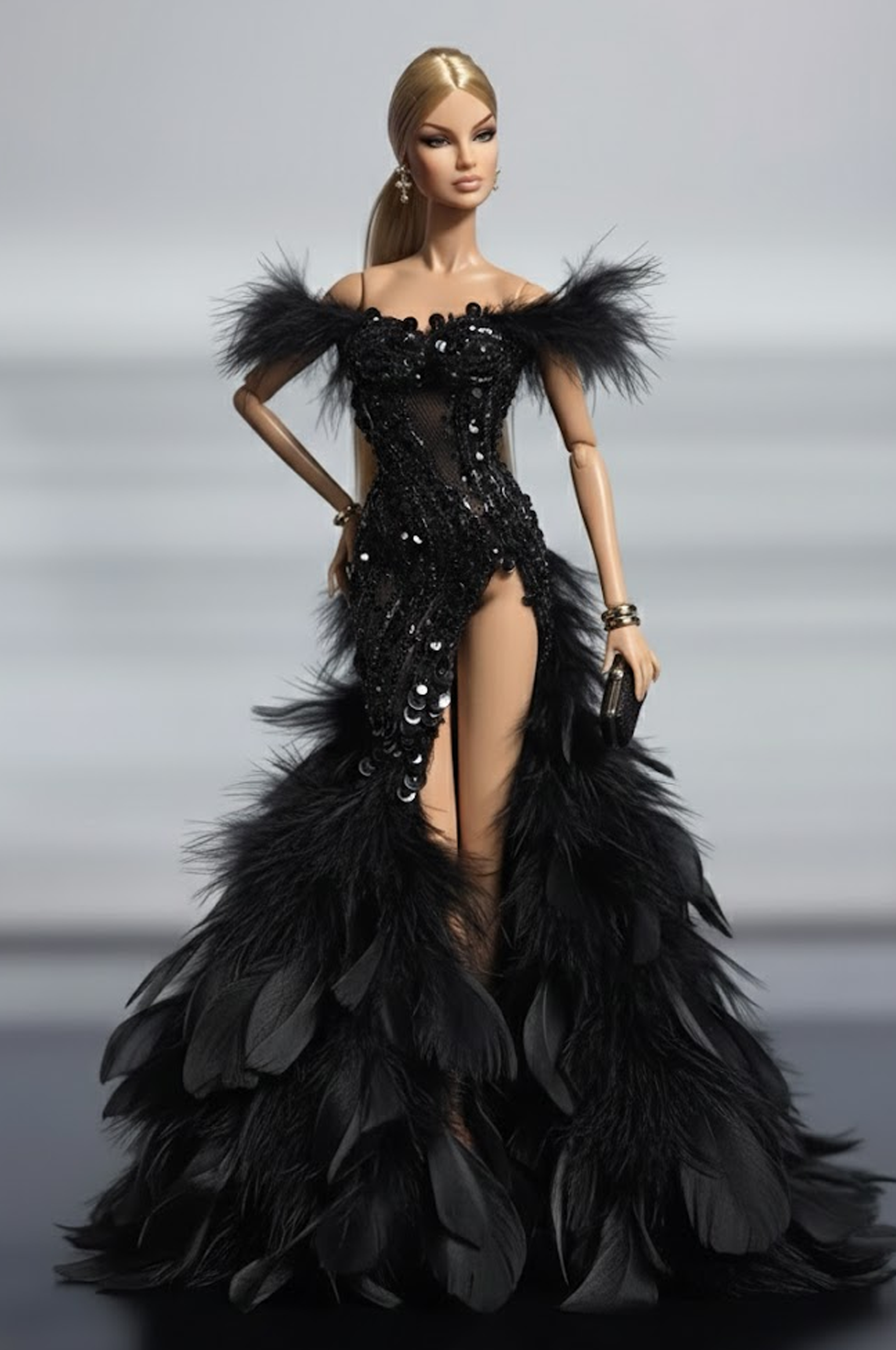 HAUTE | Midnight Plume – Couture Black Feather Gown for Fashion Royalty & NU FACE Doll clothes