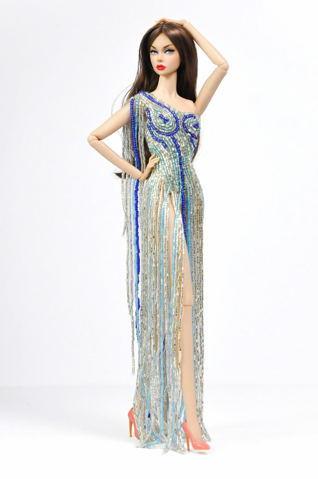 Beaded Fringe Gown – Blue Silver One-Shoulder Dress for Fashion Royalty 1/6