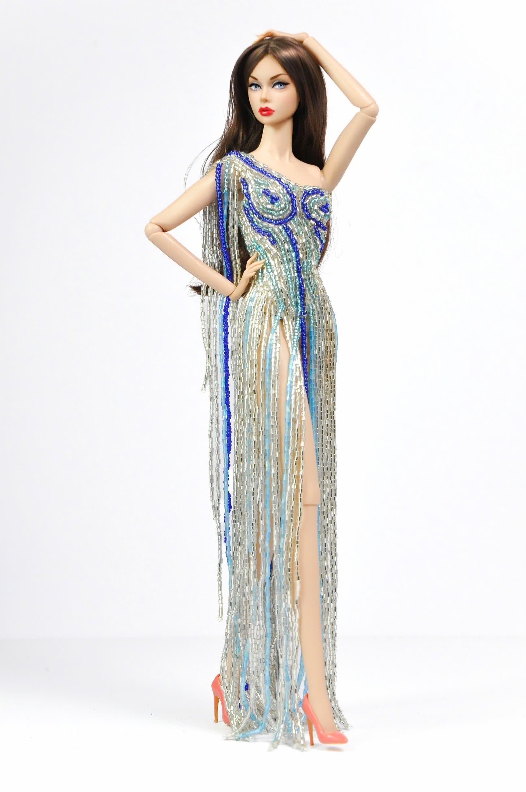Beaded Fringe Gown – Blue Silver One-Shoulder Dress for Fashion Royalty 1/6