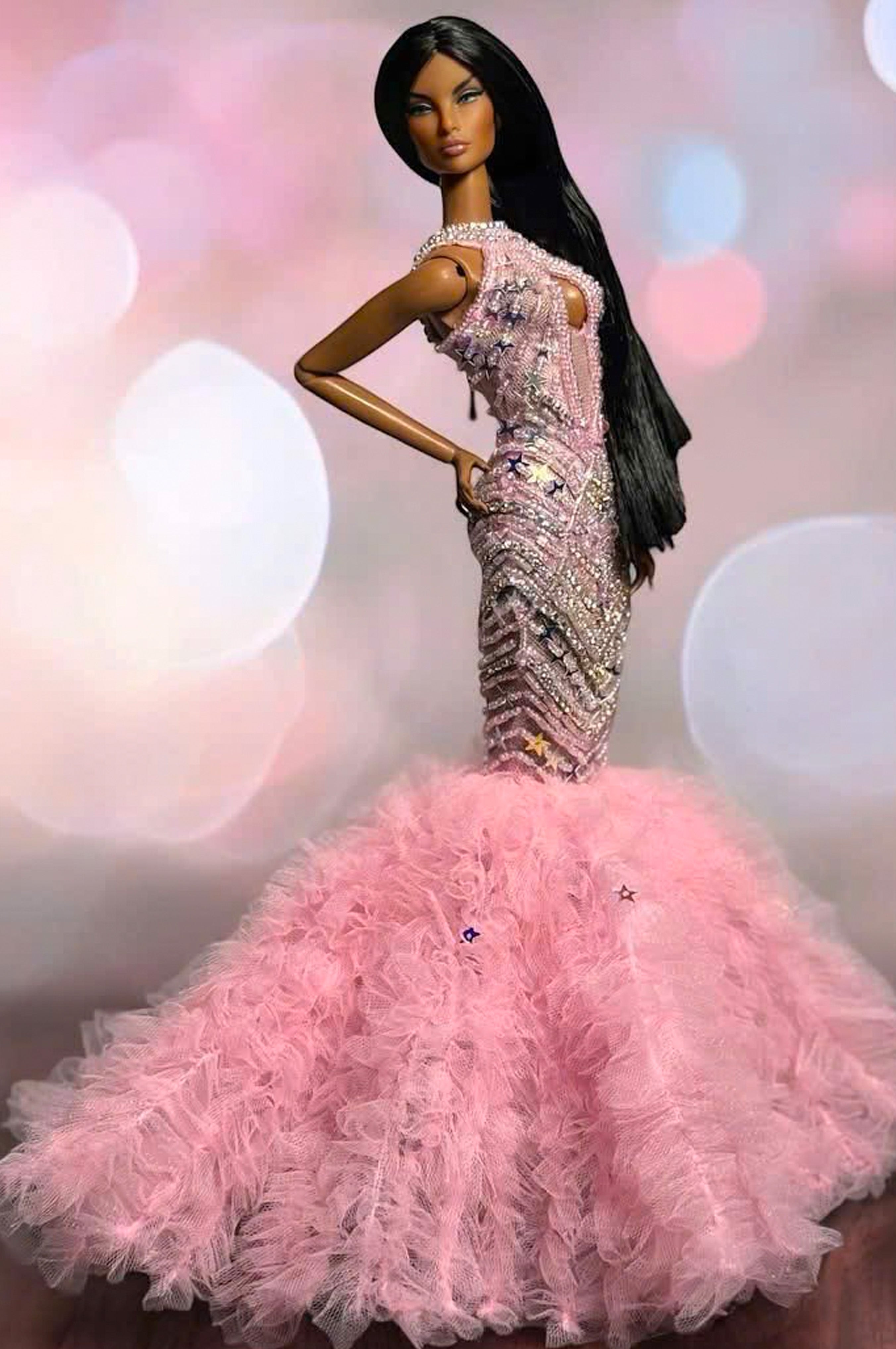 OOAK | Blush Stardust Mermaid Gown – Fashion Royalty 6.0 Doll Clothes | Evening Couture Dress for 1/6 Scale Dolls – Plastiktiara