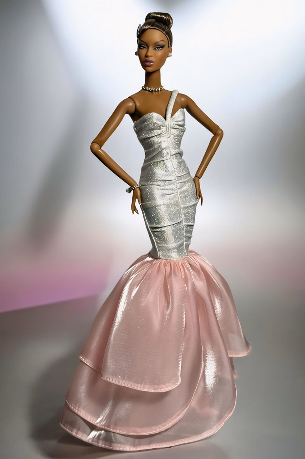BASIC | Silver & Blush Mermaid Gown for 1/6 Scale Dolls – Fashion Royalty / Poppy Parker Evening Dress | Plastik Tiara
