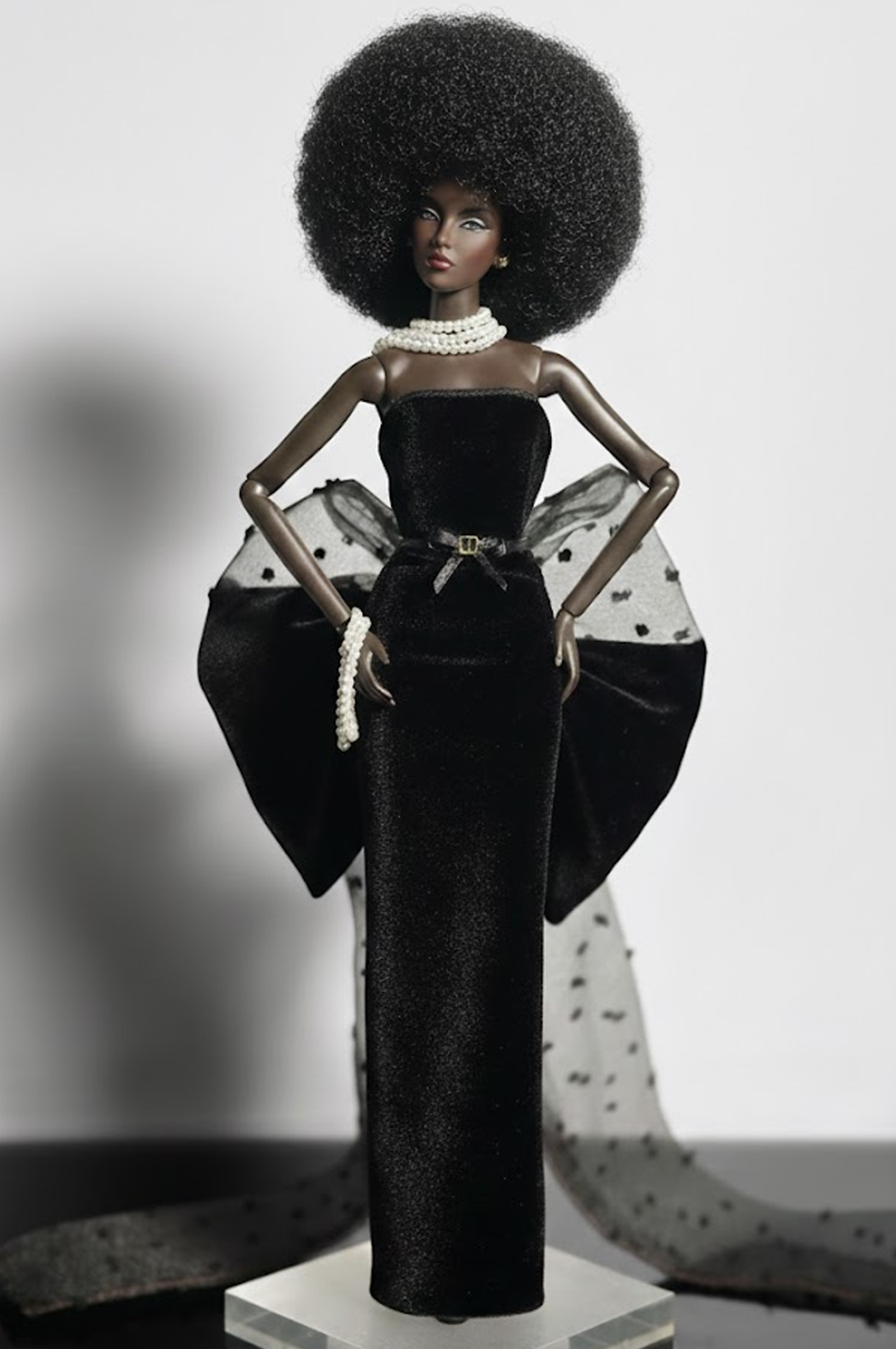 BASIC | Midnight Pearl Gown – Fashion Royalty 6.0 Doll Clothes | Black Velvet Evening Dress with Tulle Bow Train