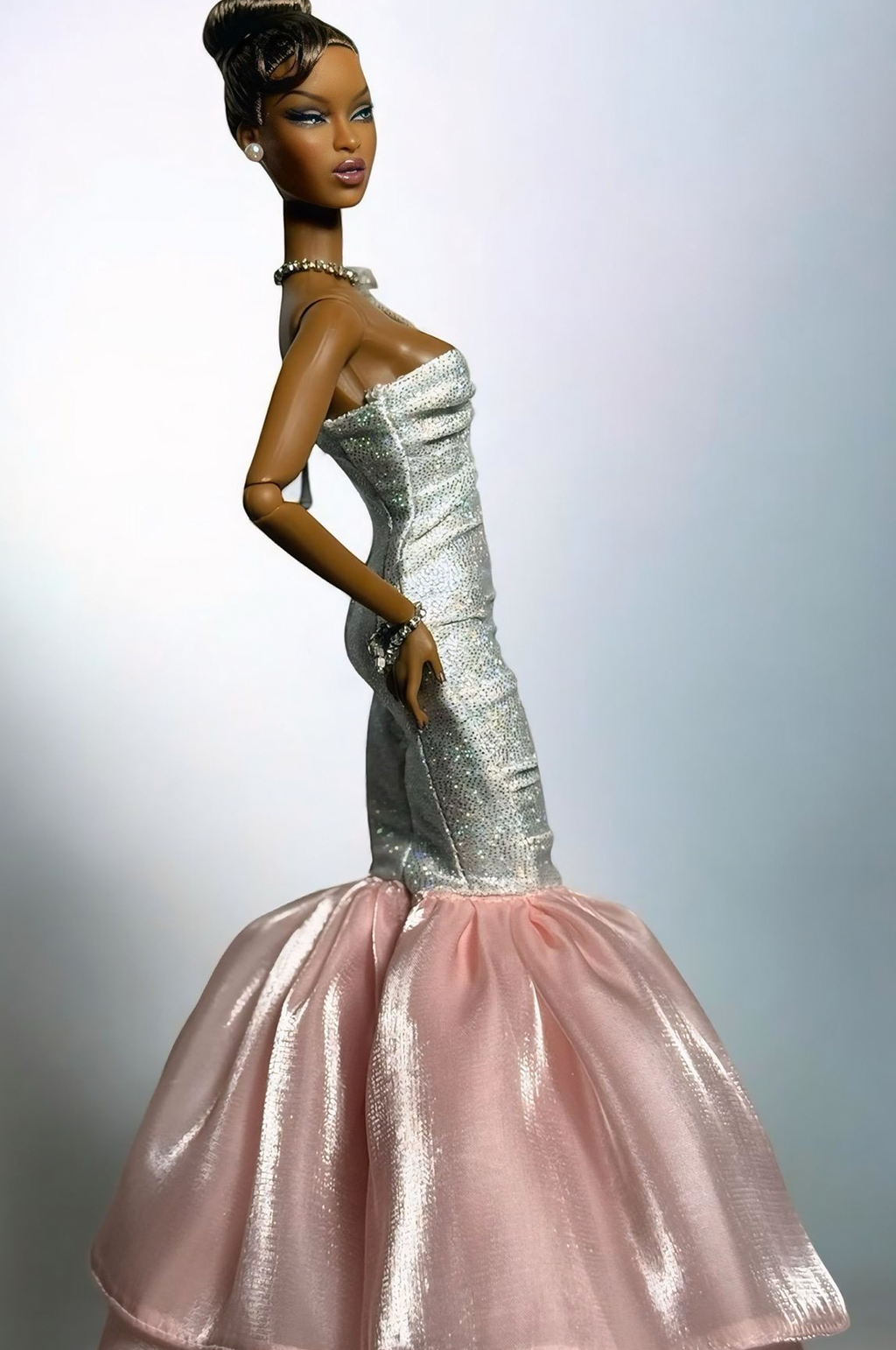 BASIC | Silver & Blush Mermaid Gown for 1/6 Scale Dolls – Fashion Royalty / Poppy Parker Evening Dress | Plastik Tiara