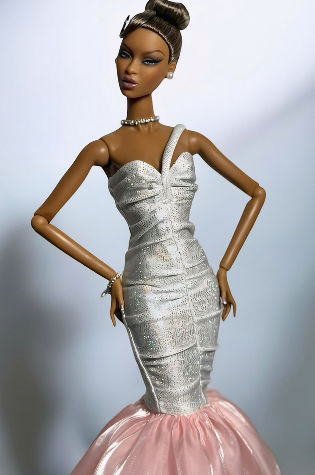 BASIC | Silver & Blush Mermaid Gown for 1/6 Scale Dolls – Fashion Royalty / Poppy Parker Evening Dress | Plastik Tiara
