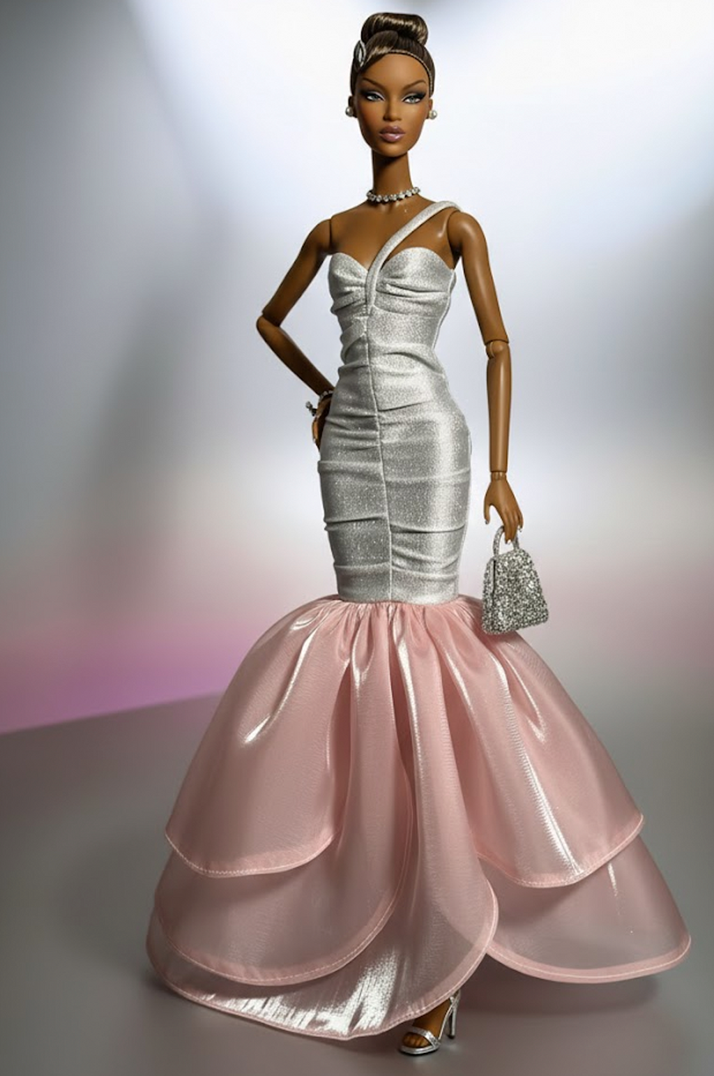 BASIC | Silver & Blush Mermaid Gown for 1/6 Scale Dolls – Fashion Royalty / Poppy Parker Evening Dress | Plastik Tiara