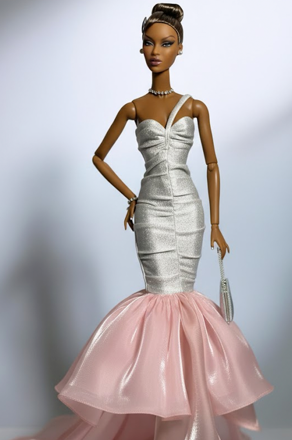 BASIC | Silver & Blush Mermaid Gown for 1/6 Scale Dolls – Fashion Royalty / Poppy Parker Evening Dress | Plastik Tiara