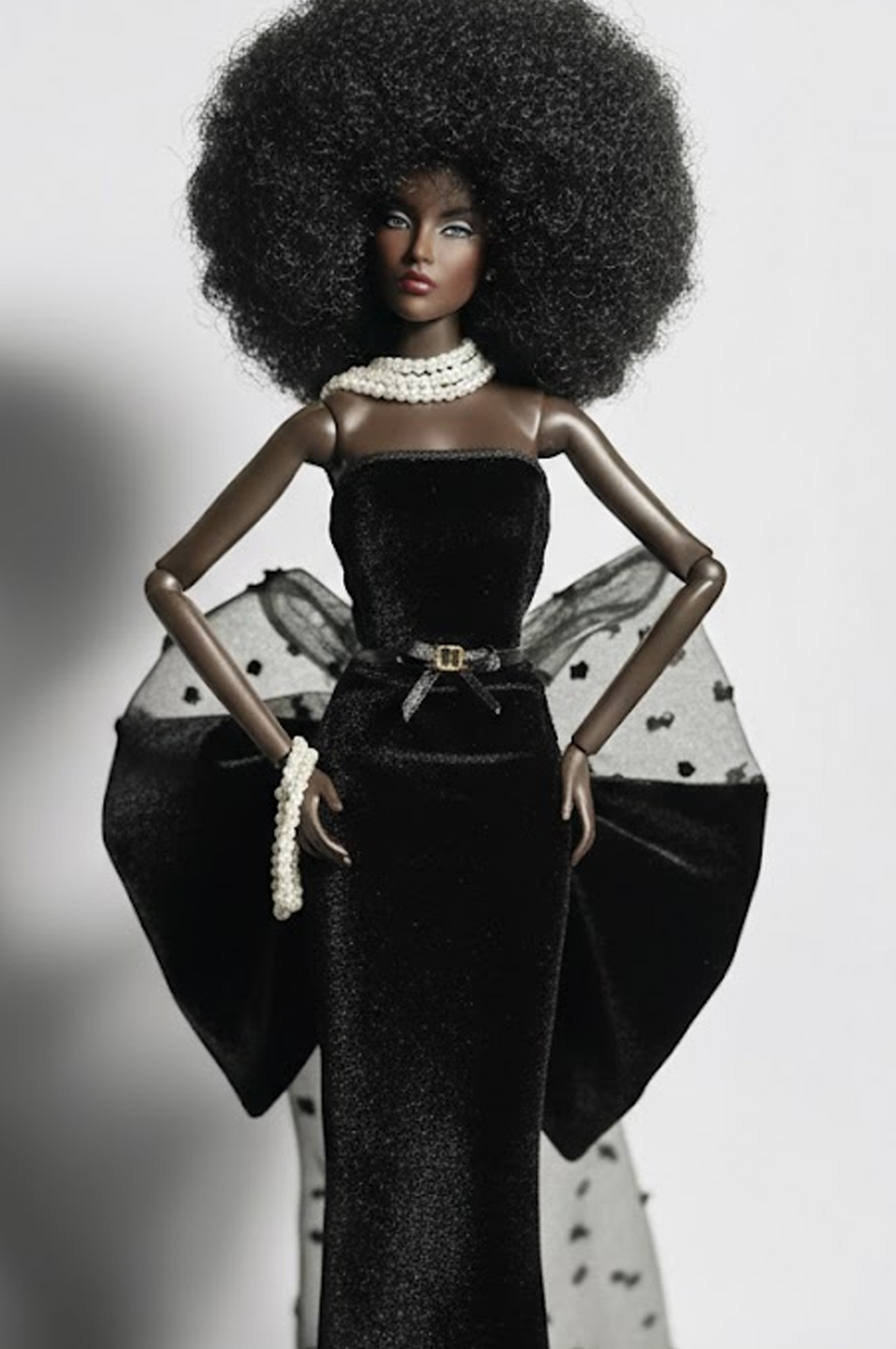 BASIC | Midnight Pearl Gown – Fashion Royalty 6.0 Doll Clothes | Black Velvet Evening Dress with Tulle Bow Train