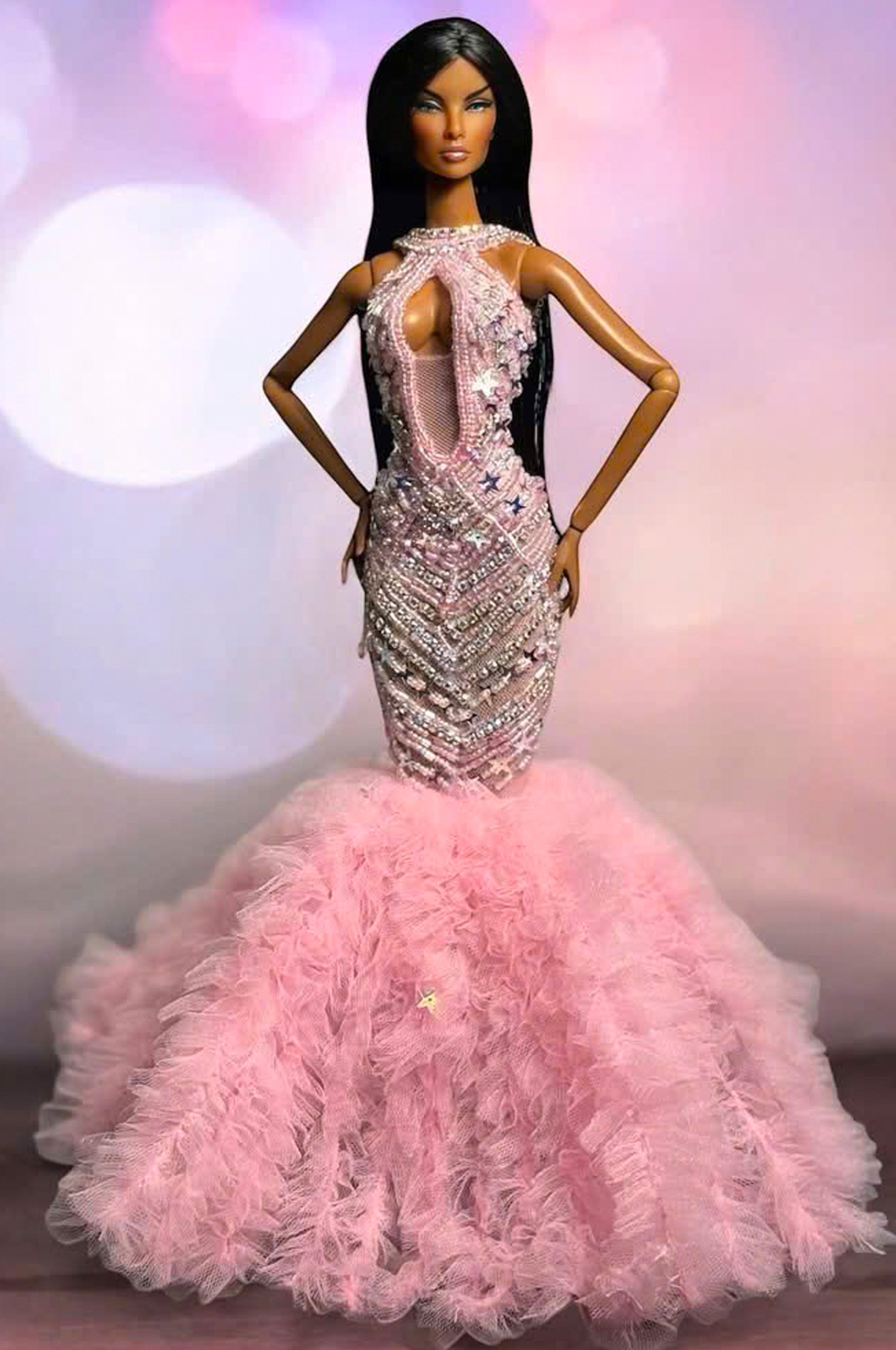 OOAK | Blush Stardust Mermaid Gown – Fashion Royalty 6.0 Doll Clothes | Evening Couture Dress for 1/6 Scale Dolls – Plastiktiara