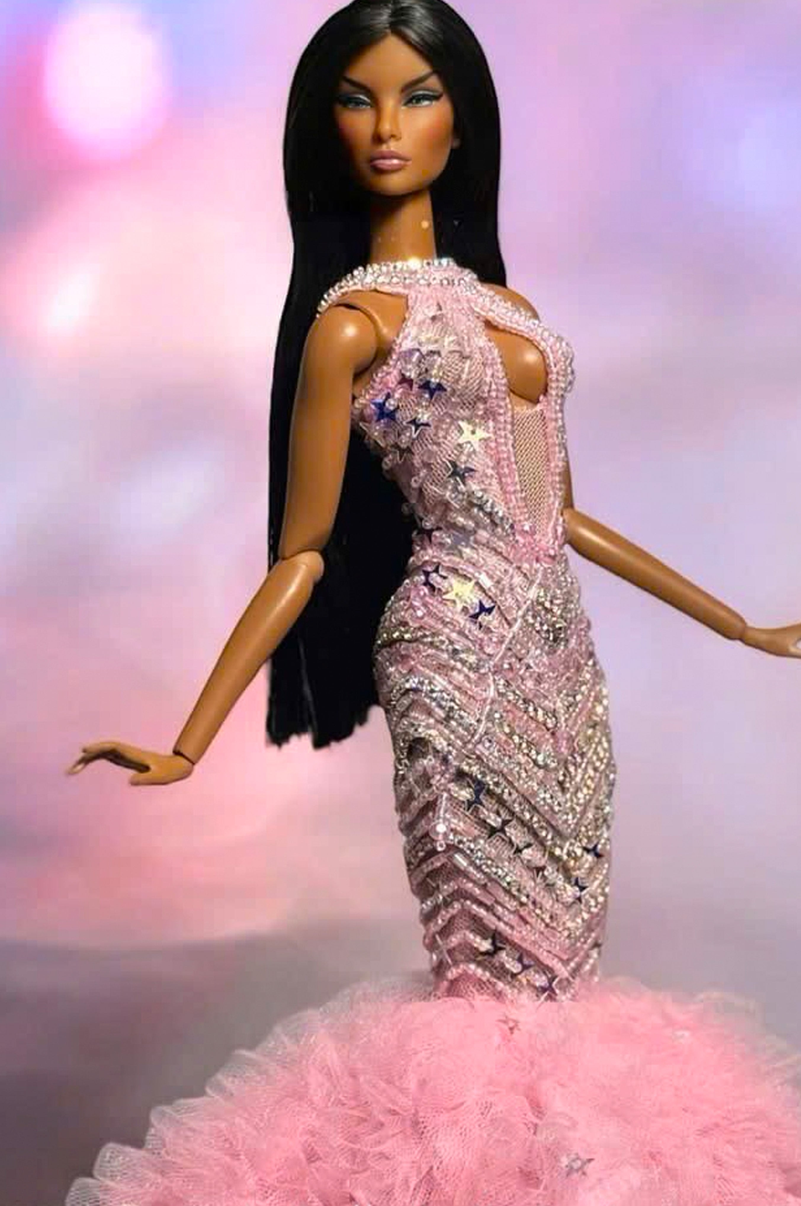 OOAK | Blush Stardust Mermaid Gown – Fashion Royalty 6.0 Doll Clothes | Evening Couture Dress for 1/6 Scale Dolls – Plastiktiara