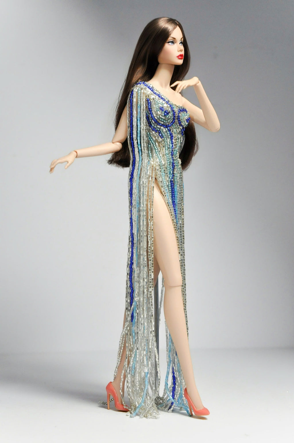 Beaded Fringe Gown – Blue Silver One-Shoulder Dress for Fashion Royalty 1/6