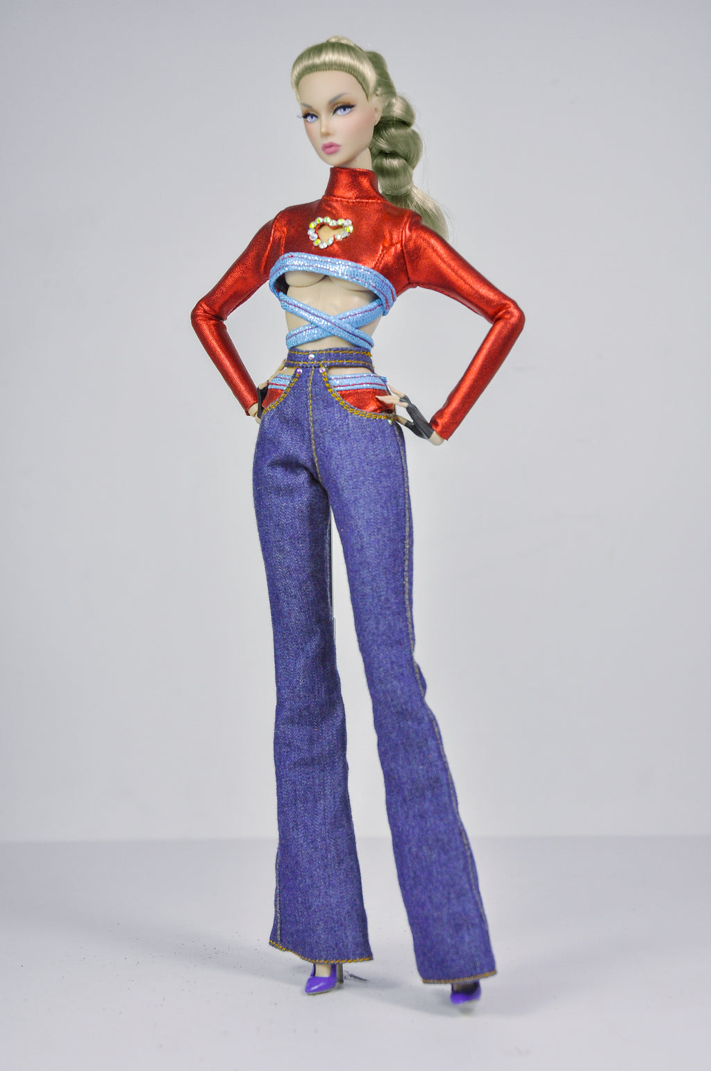 BASIC | Red Heart Cut-Out Top & Flared Jeans Set – Fashion Royalty 6.0 Doll Clothes | Handmade 1/6 Scale Outfit by Plastik Tiara