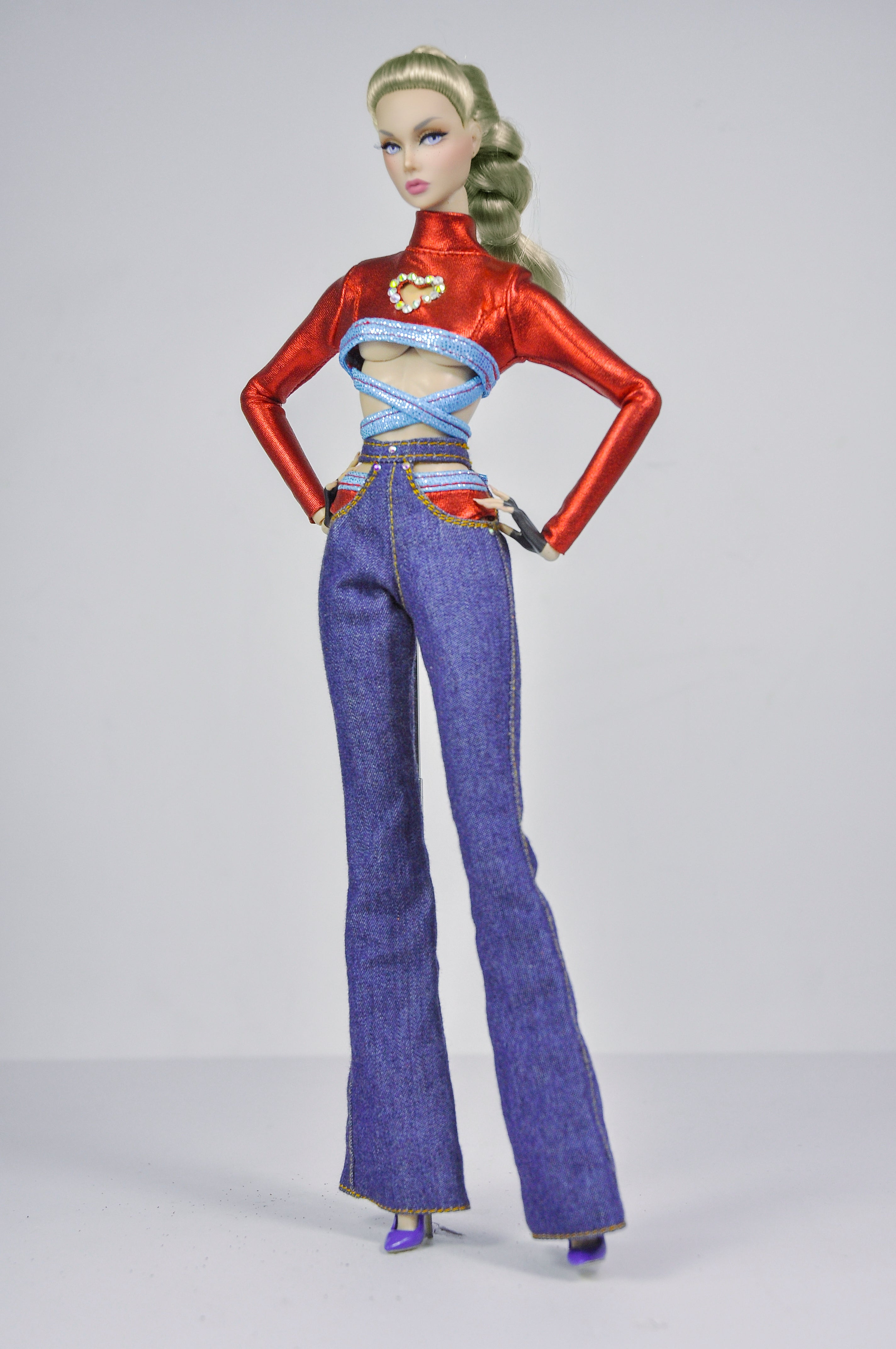 BASIC | Red Heart Cut-Out Top & Flared Jeans Set – Fashion Royalty 6.0 Doll Clothes | Handmade 1/6 Scale Outfit by Plastik Tiara