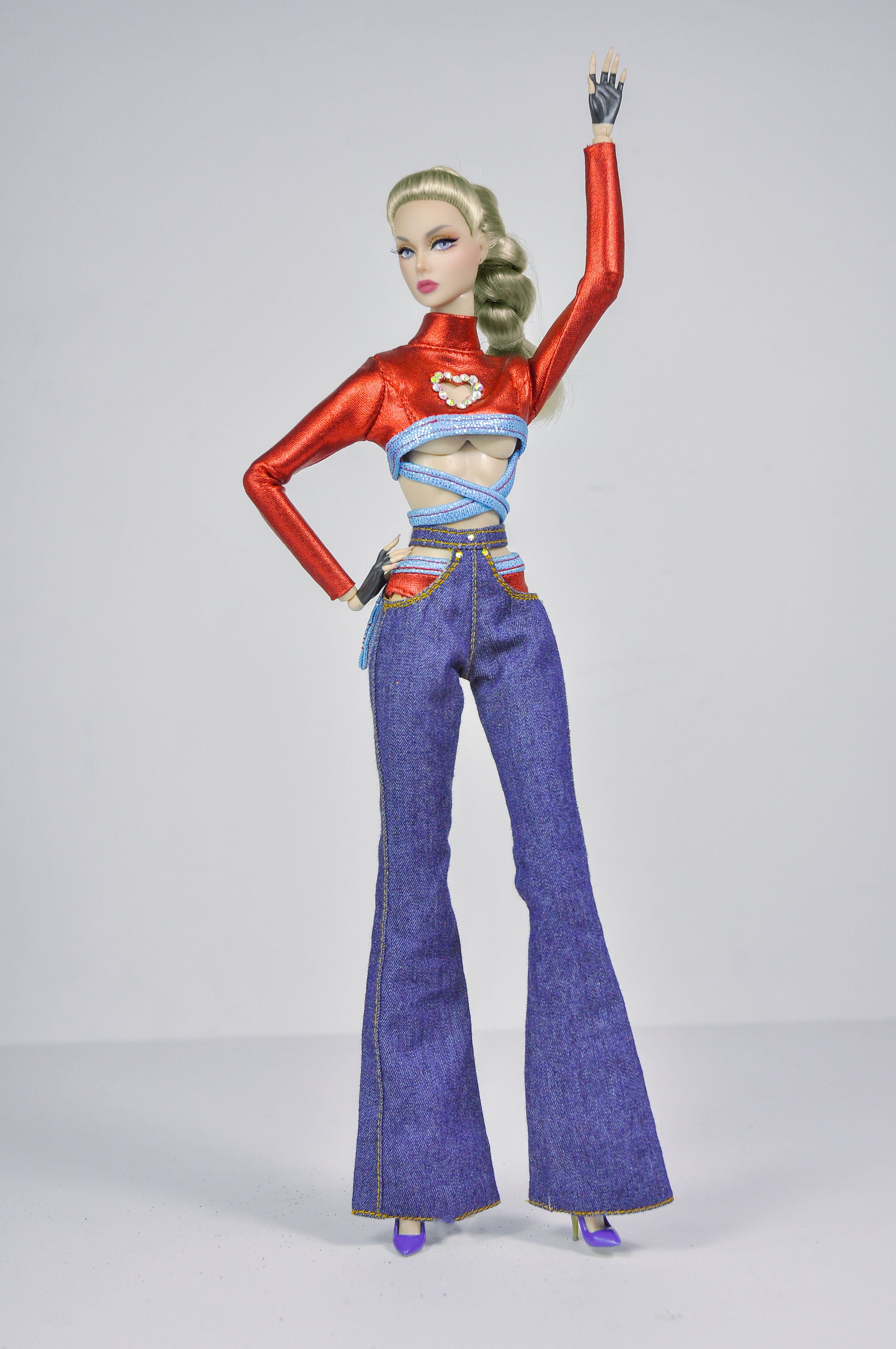 BASIC | Red Heart Cut-Out Top & Flared Jeans Set – Fashion Royalty 6.0 Doll Clothes | Handmade 1/6 Scale Outfit by Plastik Tiara